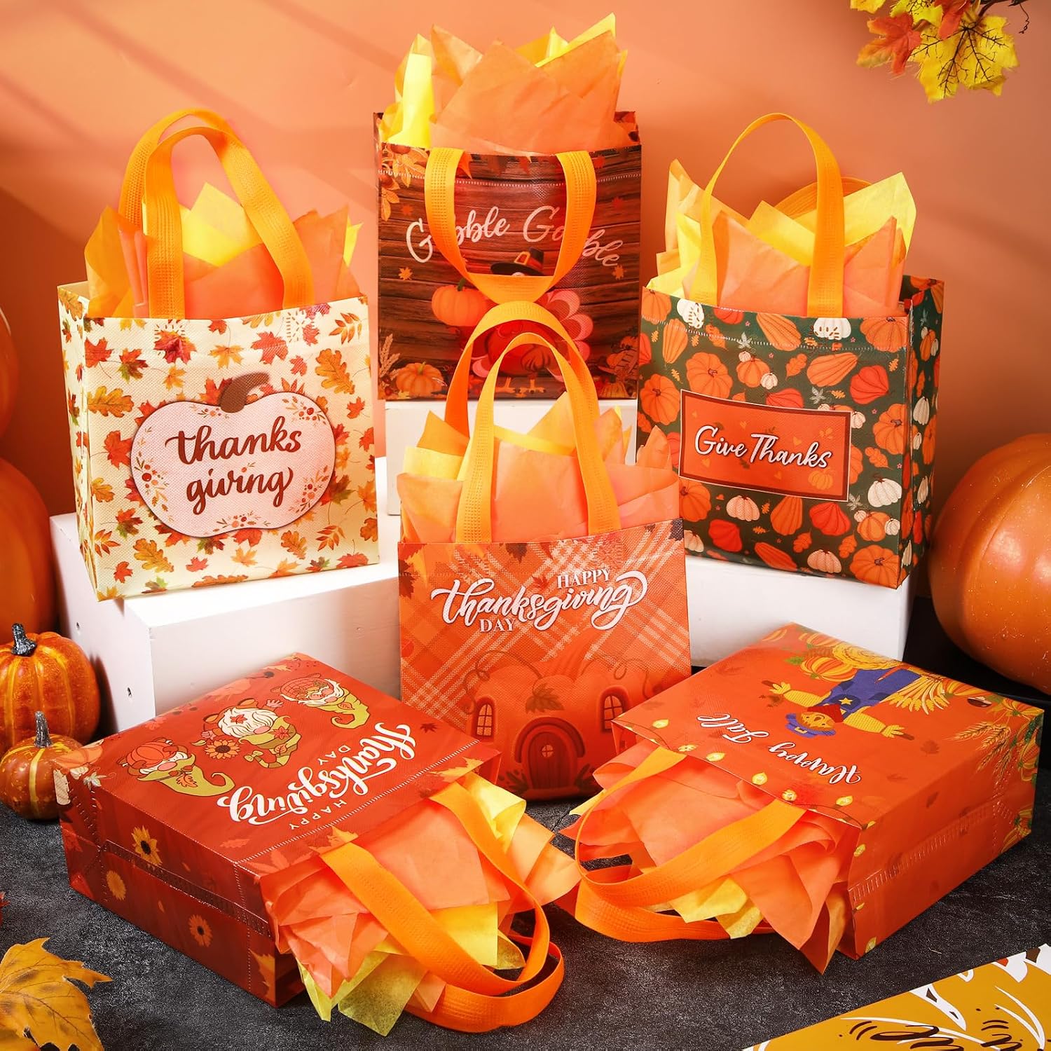 Wesnoy 30 Pack Reusable Thanksgiving Gift Bags Non Woven Tote Bulk with Handles Goodie Shopping Bags with Tissue Paper for Party Favors