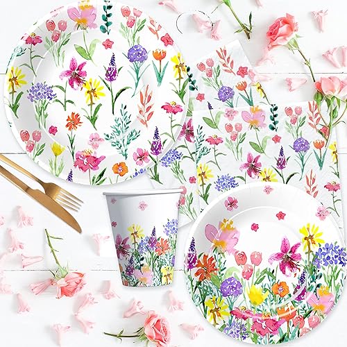 Miniatura 4 de Xigejob Suministros de fiesta de flores silvestres  Vajilla floral para decoración de fiesta, plato, taza, servilleta, primavera y verano, vajilla