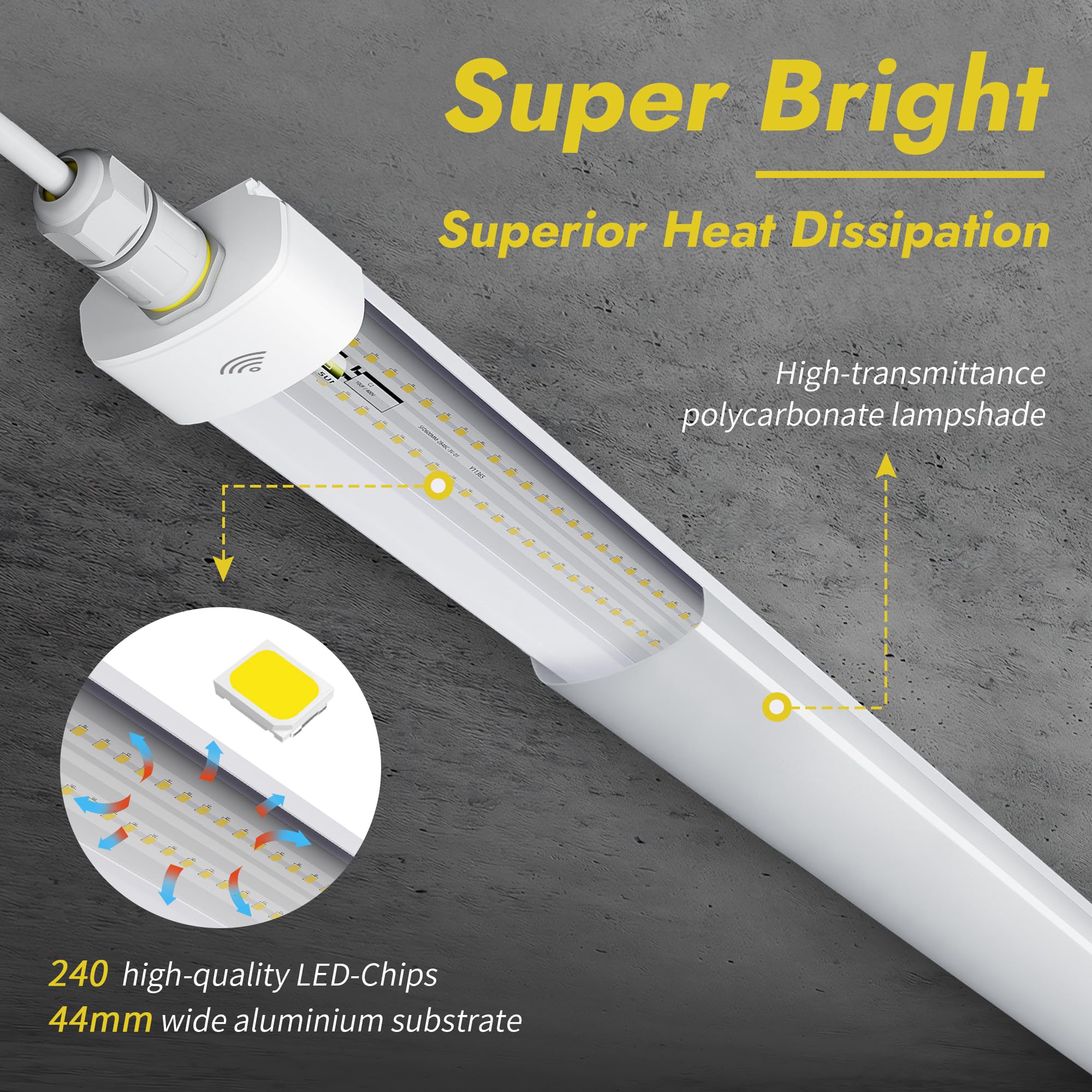 GeyouLux Réglette LED 150 cm avec détecteur de mouvement, 60W 7560 lm 5000K IP65 Étanche, Neon LED garage avec mise à la terre, 240 LEDs sans scintillement, Tube pour garage atelier carport, Blanc