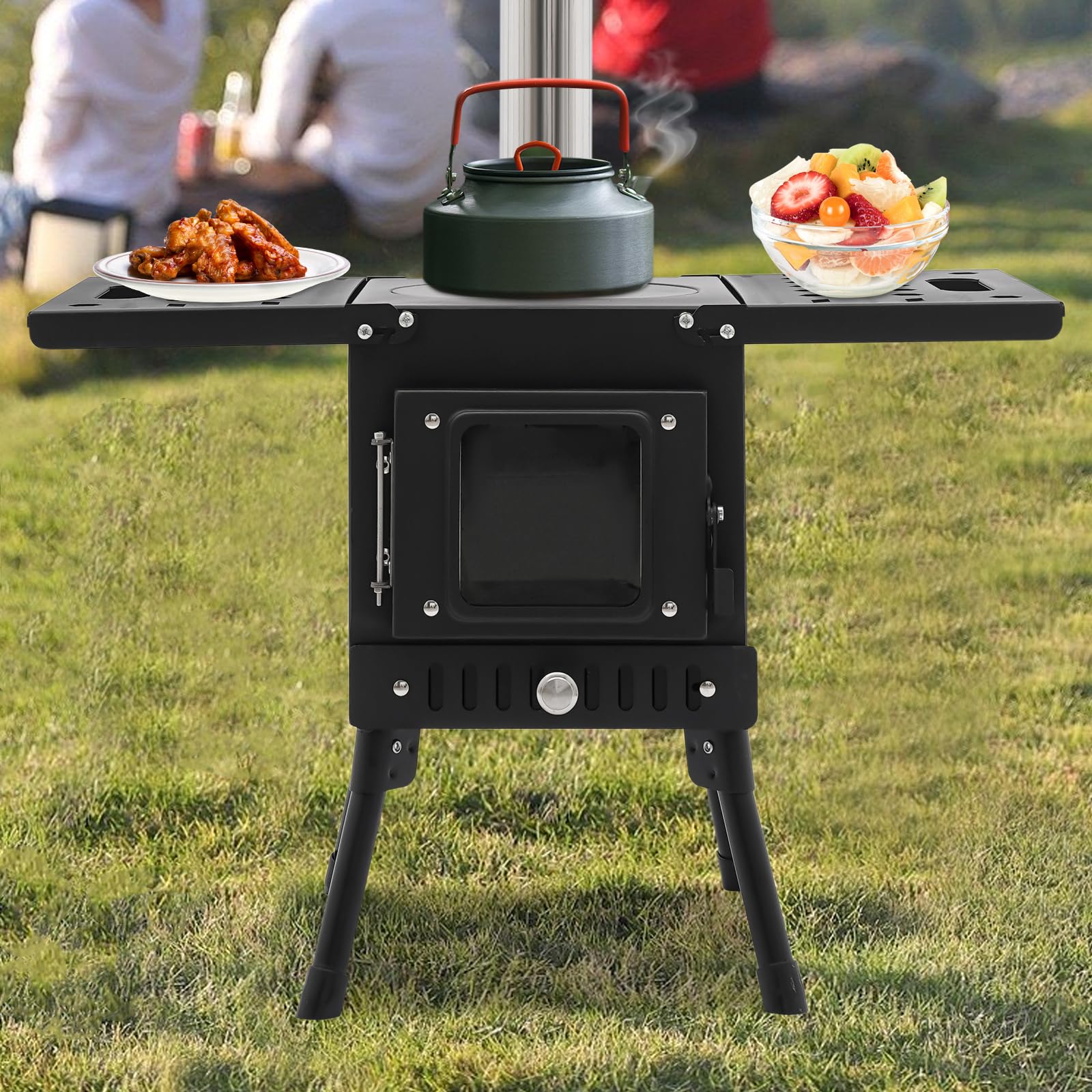 Stufe a legna portatili,Fornello a legna da campeggio per tende da esterno, con canna fumaria,stufa pieghevole in acciaio inossidabile,multifunzione per riscaldamento domestico,cucina ( Color : Black