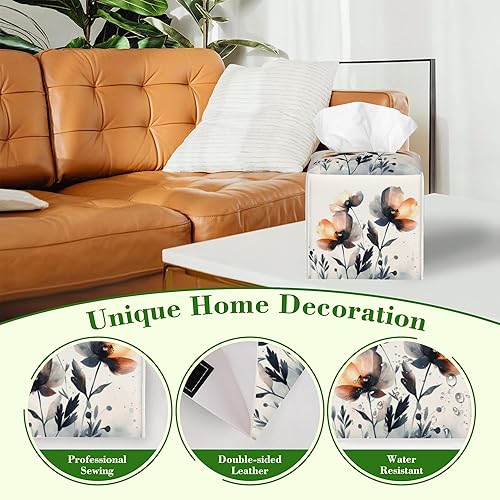 Miniatura 3 de Caja de pañuelos con diseño floral de amapola marrón con acuarela, diseño de flores abstractas de cuero, soporte decorativo para caja de papel de