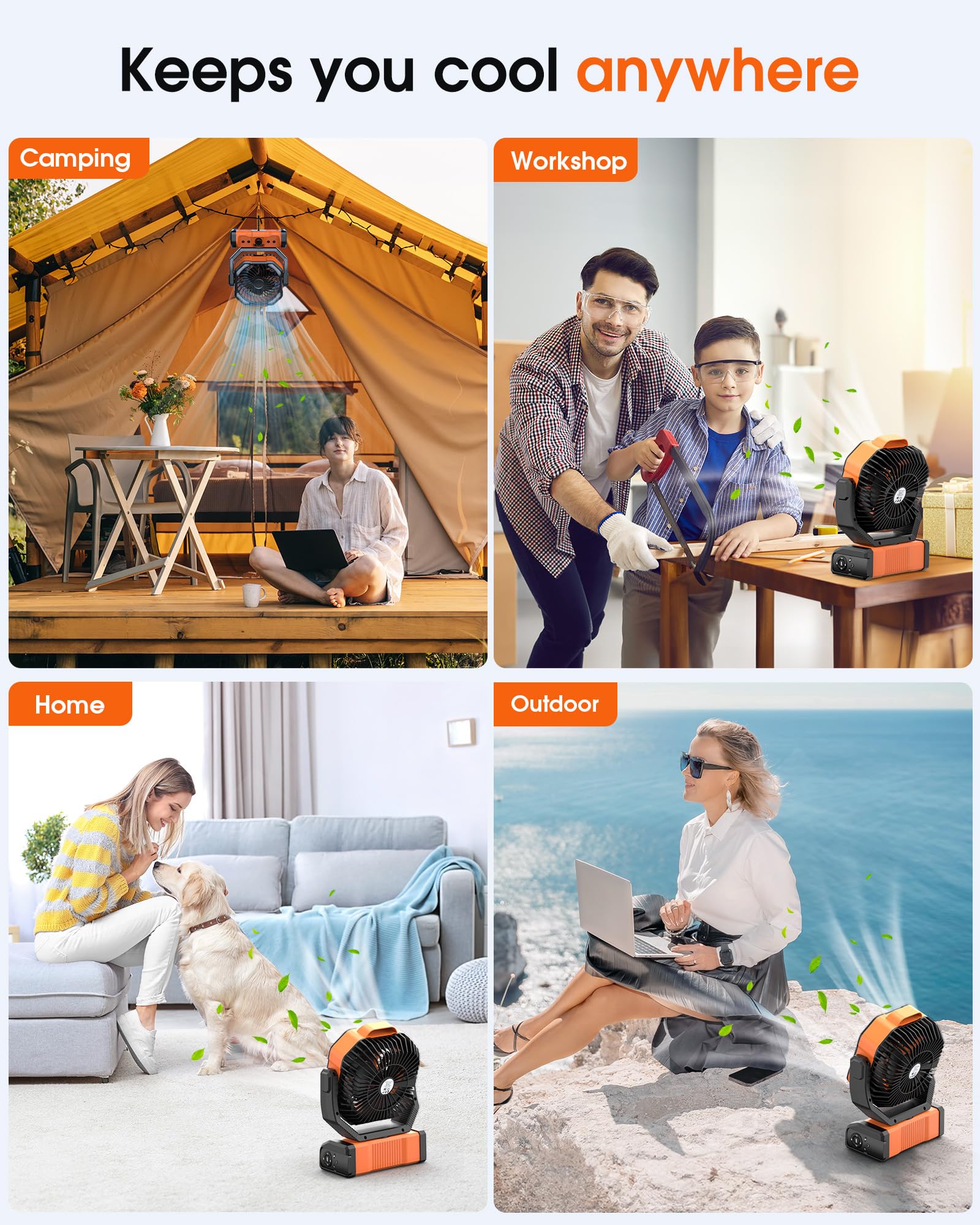 Peouix Tragbarer, wiederaufladbarer Campingventilator – 20.000 mAh kabelloser batteriebetriebener Ventilator mit LED-Laterne, Fernbedienung, automatisch, oszillierend, USB-C-Tischventilator,