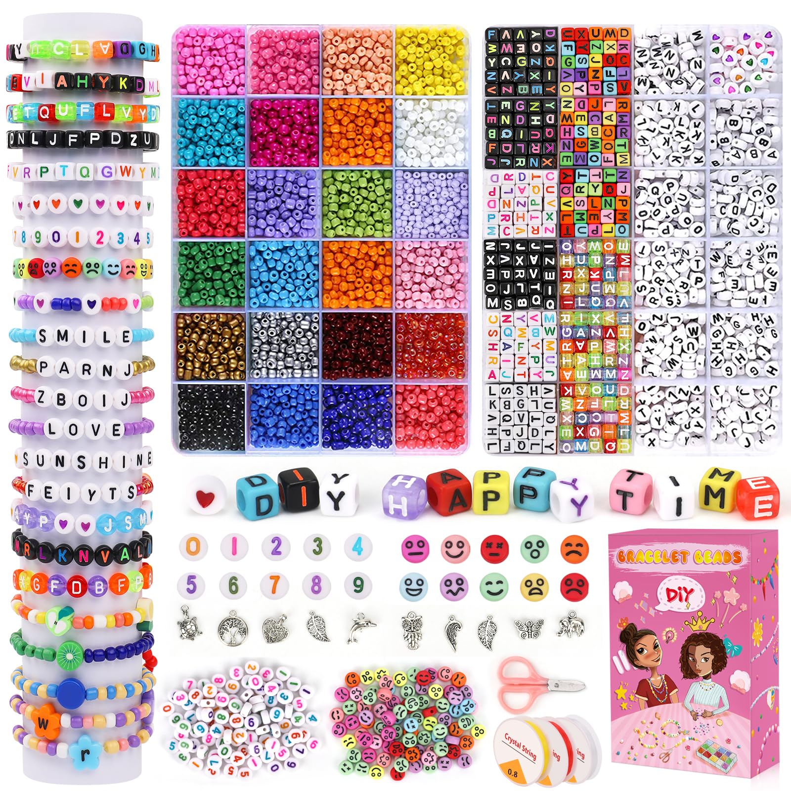Volance 5500pcs Bracelet Making Kit,4 mm Glass Seed Beads and Letter Alphabet Beads for Friendship Jewelry Making, with Charm and Elastic Strings, Friendship Bracelets Holiday Gifts for Girls Adults