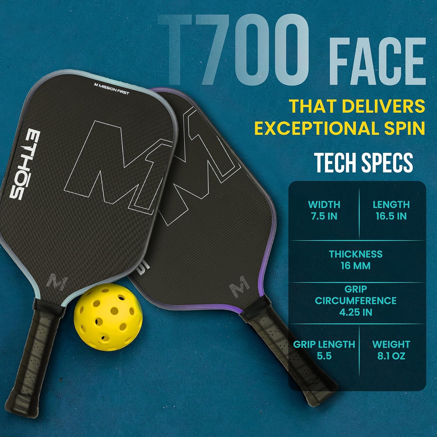 M1 Pickleball Paddles: USAP and PBCor.43 Approved, 16 MM, Elongated, Thermoformed, T700 Raw Carbon Fiber, Strong Power, Control, and Spin, Superior Paddle