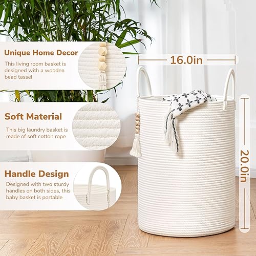 Miniatura 9 de Goodpick Cesta alta de mimbre para lavandería con asas, cesta de almacenamiento decorativa bohemia para sala de estar, dormitorio, entrada, baño,