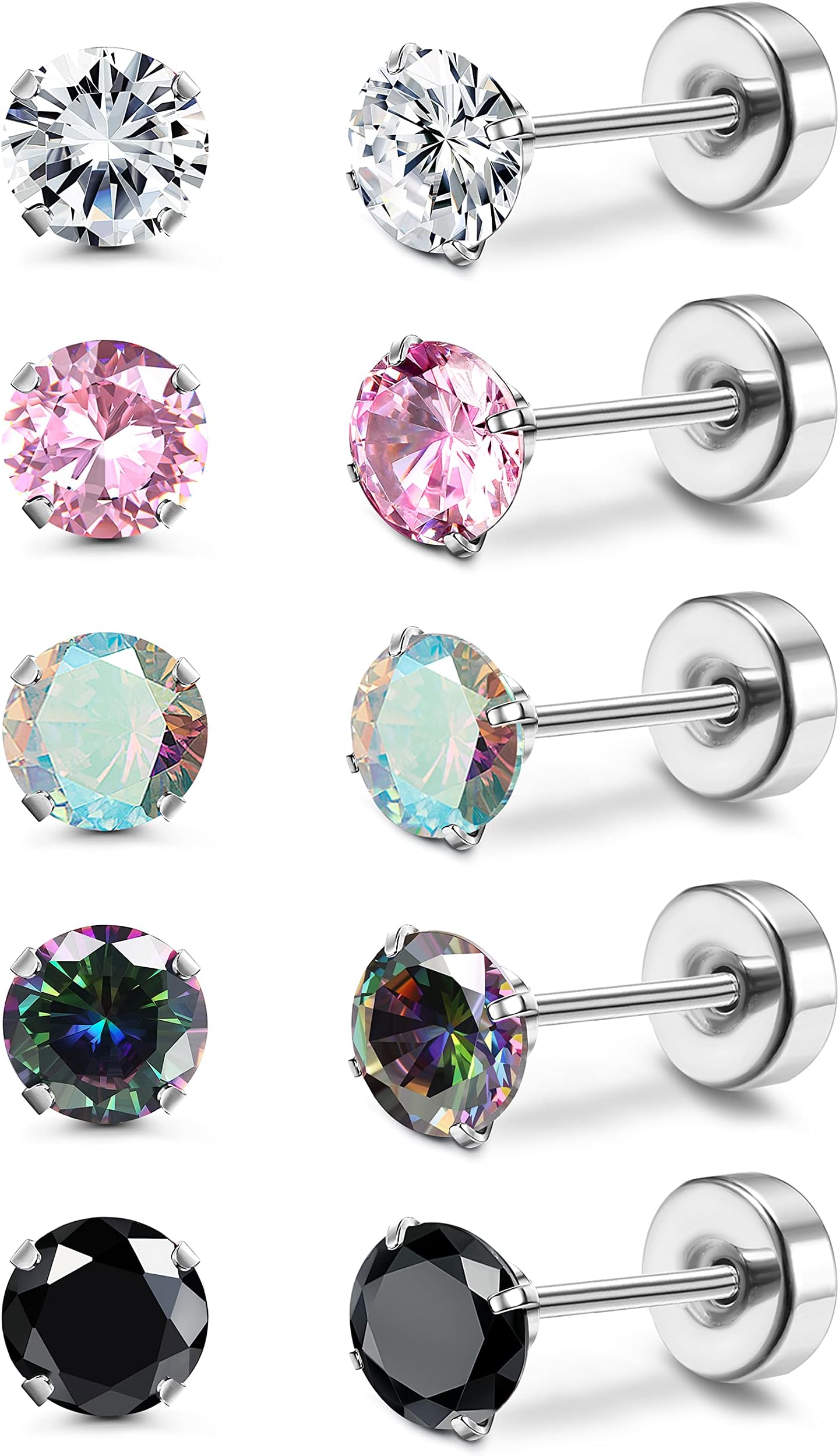 5 Pairs Titanium Earrings for Women Men G23 Pure Titanium Earrings for Sensitive Ears Cubic Zirconia Surgical Stainless Steel Flat Back Stud Earrings Hypoallergenic Piercing Sleeper Cartilage Screwback Studs