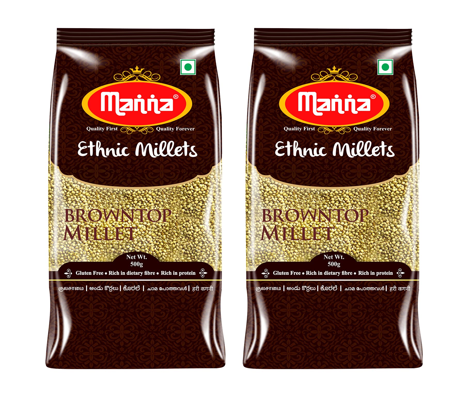 Manna Browntop Millet 1kg Unpolished, Certified Low GI, Glycemic Index value 21 Chotti Kangni/Andu Korralu/Korale, 20% more protein & 100% more Fibre than white rice. Natural Grains