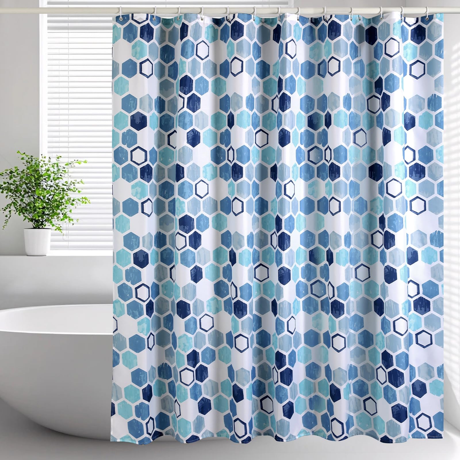 Lkw Ogechi 240cm Tropfen Blau Polyester Badezimmervorhang mit Hexagon Muster, Stylischer Polyester Duschvorhang mit Beschwertem Saum, Waschbar Anti-schimmel Duschvorhang (300X200cm)