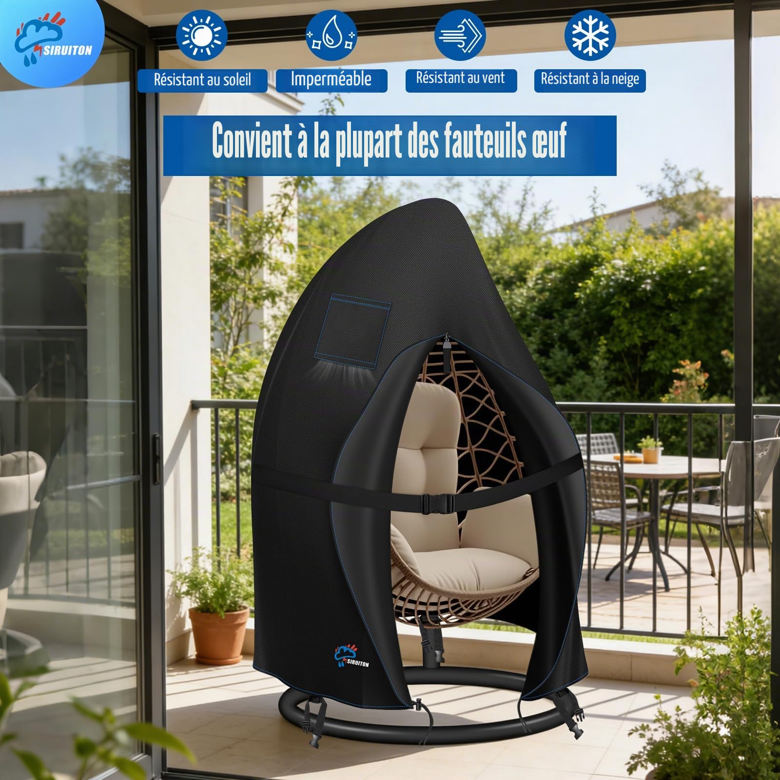 SIRUITON Housse de chaise de patio Ø120x190cm imperméable 210D avec fermeture éclair