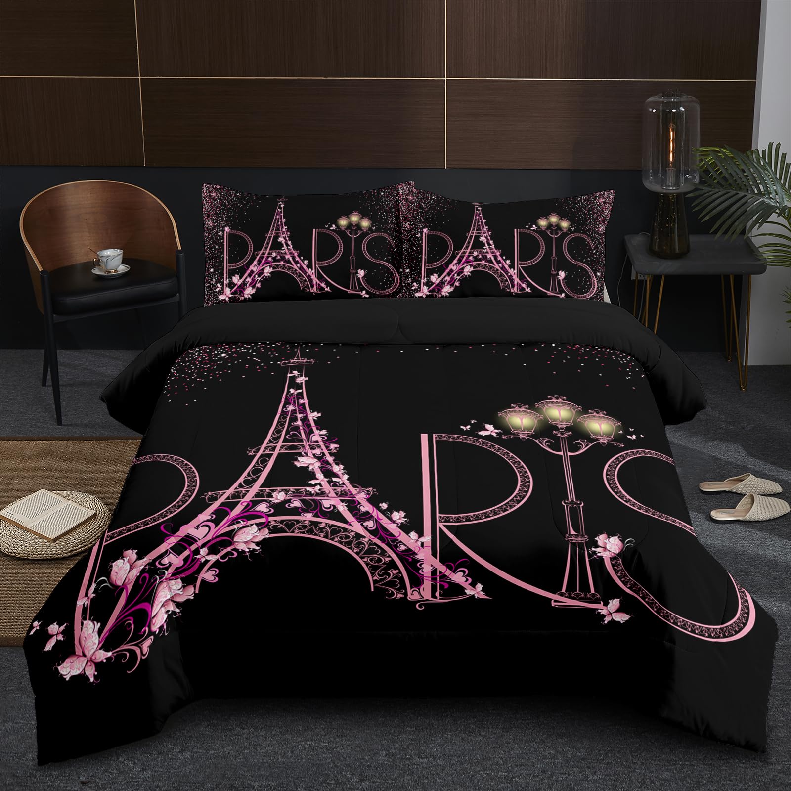 SW SETWIER Paris Bedding Set Queen Size Eiffel Tower Comforter Luxury Paris Black and Pink Quilts Bedroom Decor Romantic Modern French Duvet for Boys Girls Kids Teens Women with 3PCS