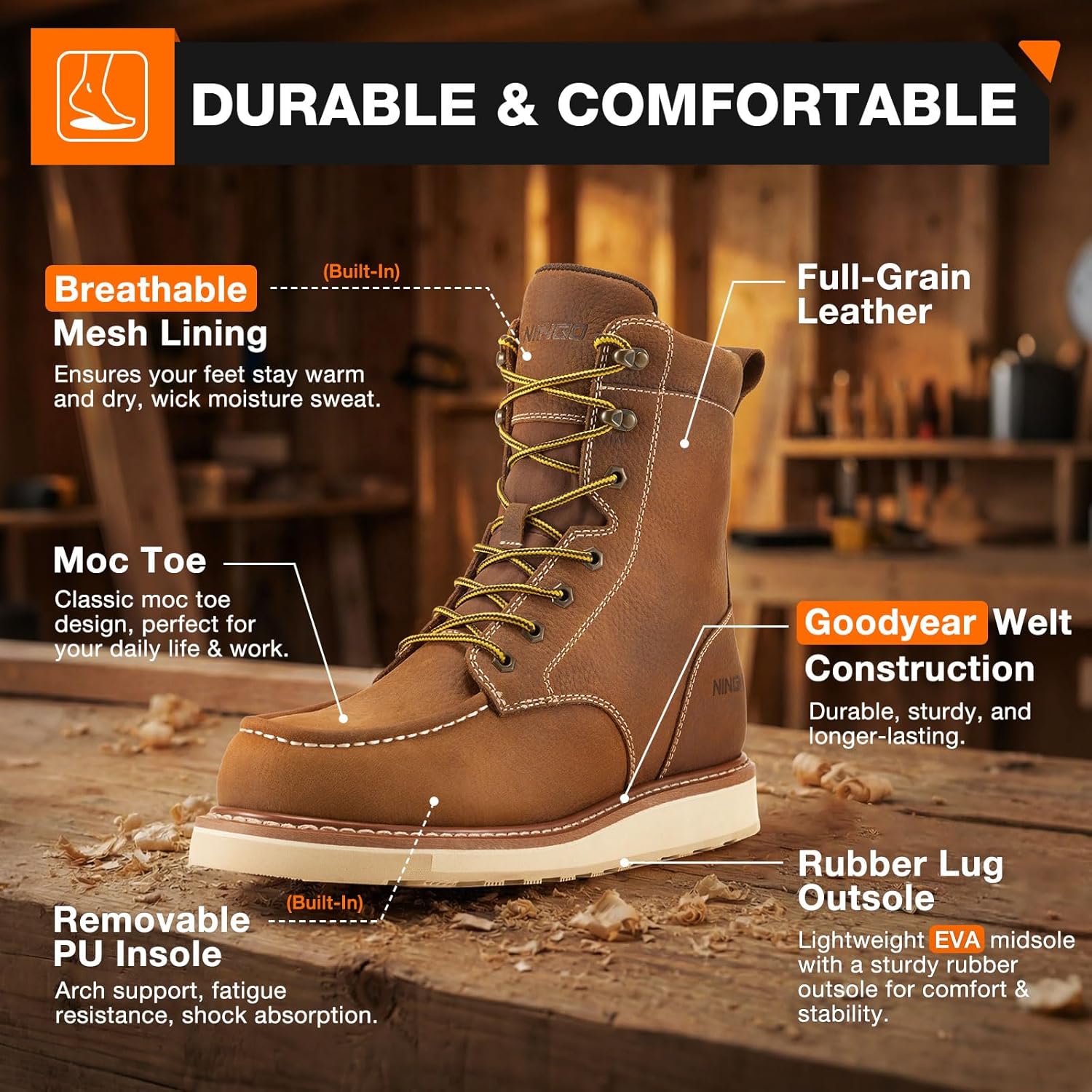 NINGO Steel Toe Work Boots for Men, 8 Inches Waterproof Moc Toe Construction Boots, Goodyear Welt Non Slip Wedge Outsole, Full-Grain Leather EH Rated Mens Safety Work Shoes, for Industrial, Welding