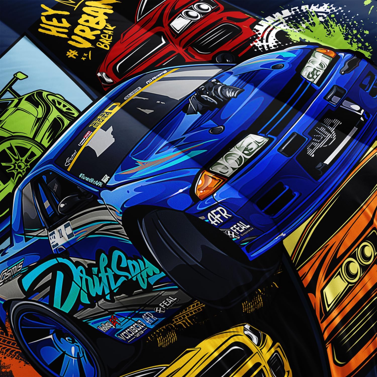 AILONEN Colorful Racing Car Comforter Set Full Size, Extreme Sports Theme Bedding for Kids Boys, Modern Race Bed in a Bag, Cool Sports Duvet Set, 1 Quilt 2 Pillowcases, 3 Pcs