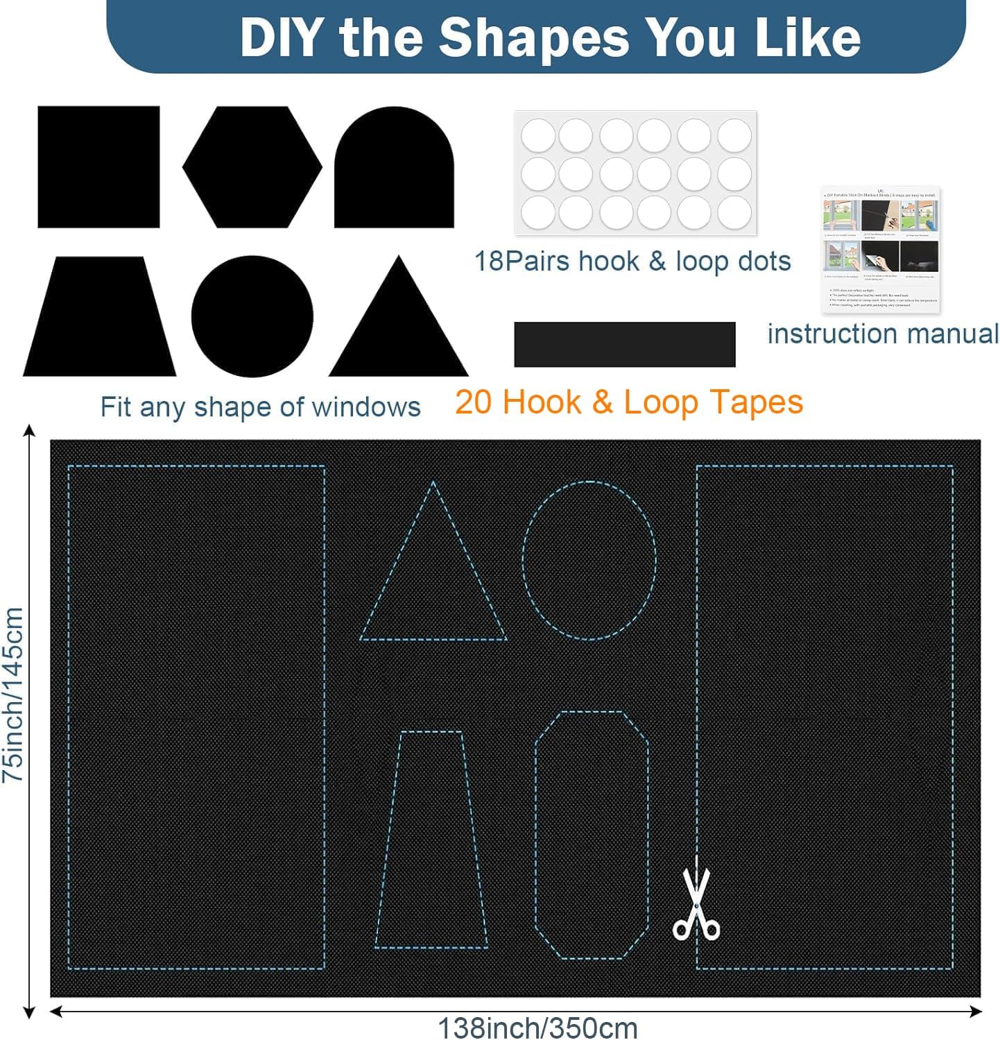 100% Blackout Window Cover, 138" x 57" Portable Ttravel Blackout Shades for Window,No Drill Temporary Cuttable Blackout Curtains for Bedroom, RV, Nursery,Media Room, 420D Fabric, 20 Loop Tapes