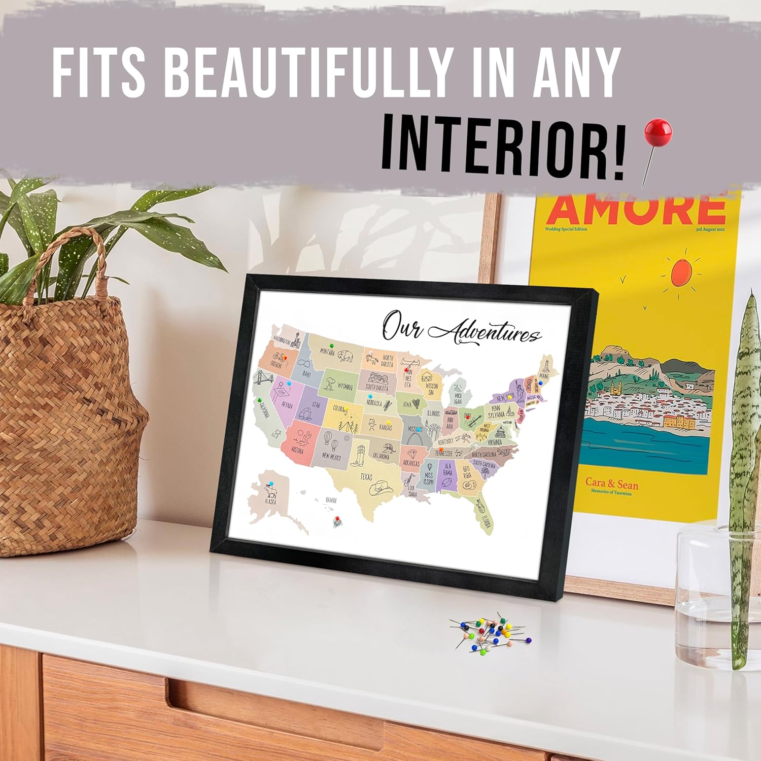 flinelife Usa Travel Map With Pins, 12X10, Our Adventures Travel Pin Board, 50 States Map, Perfect For Couples Gift