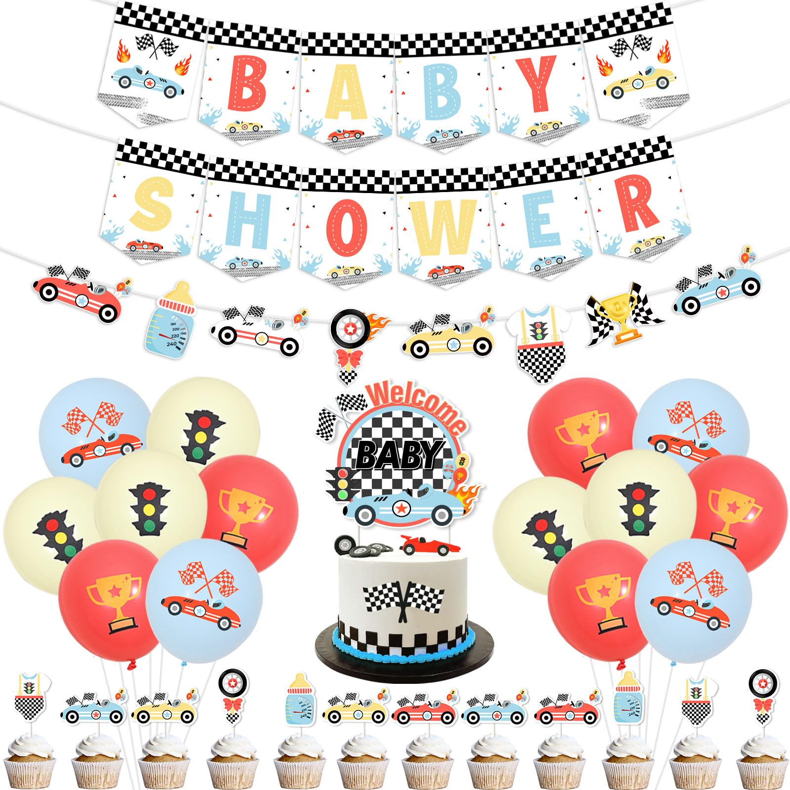 Balterever Race Car Baby Shower Decorations with Vintage Race Car Banner and Garland Race Car Welcome Baby Cake Cupcake Toppers for Let’s Go Racing