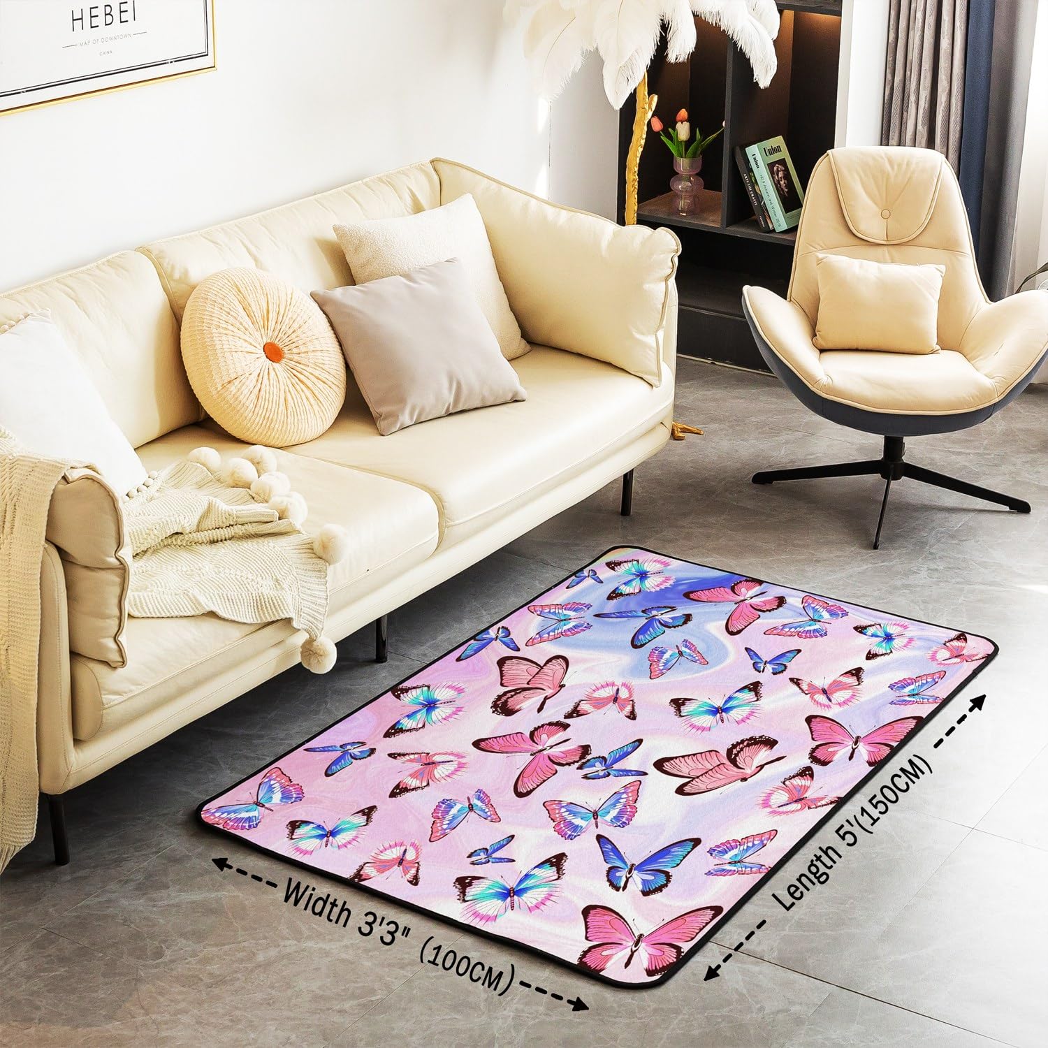Homemissing Papillons Tapis Salon 100x150cm Fille Papillons Imprimer Tapis Exterieur pour Enfants Marble Imprimer Tapis d'extérieur Femme Homme Rose Tapis Chambre