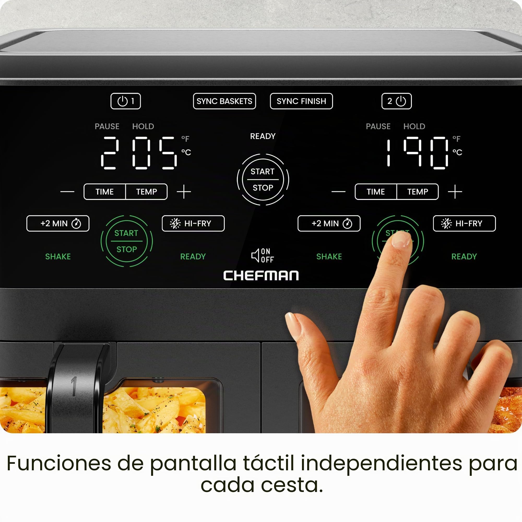 CHEFMAN Horno Freidora de Aire de 5,6L con Cestas Duales y Ventanas de Fácil Visualización, Sincronización de Finalización, Hi-Fry, Apagado Automático, Cestas Antiadherentes Apto para Lavavajillas
