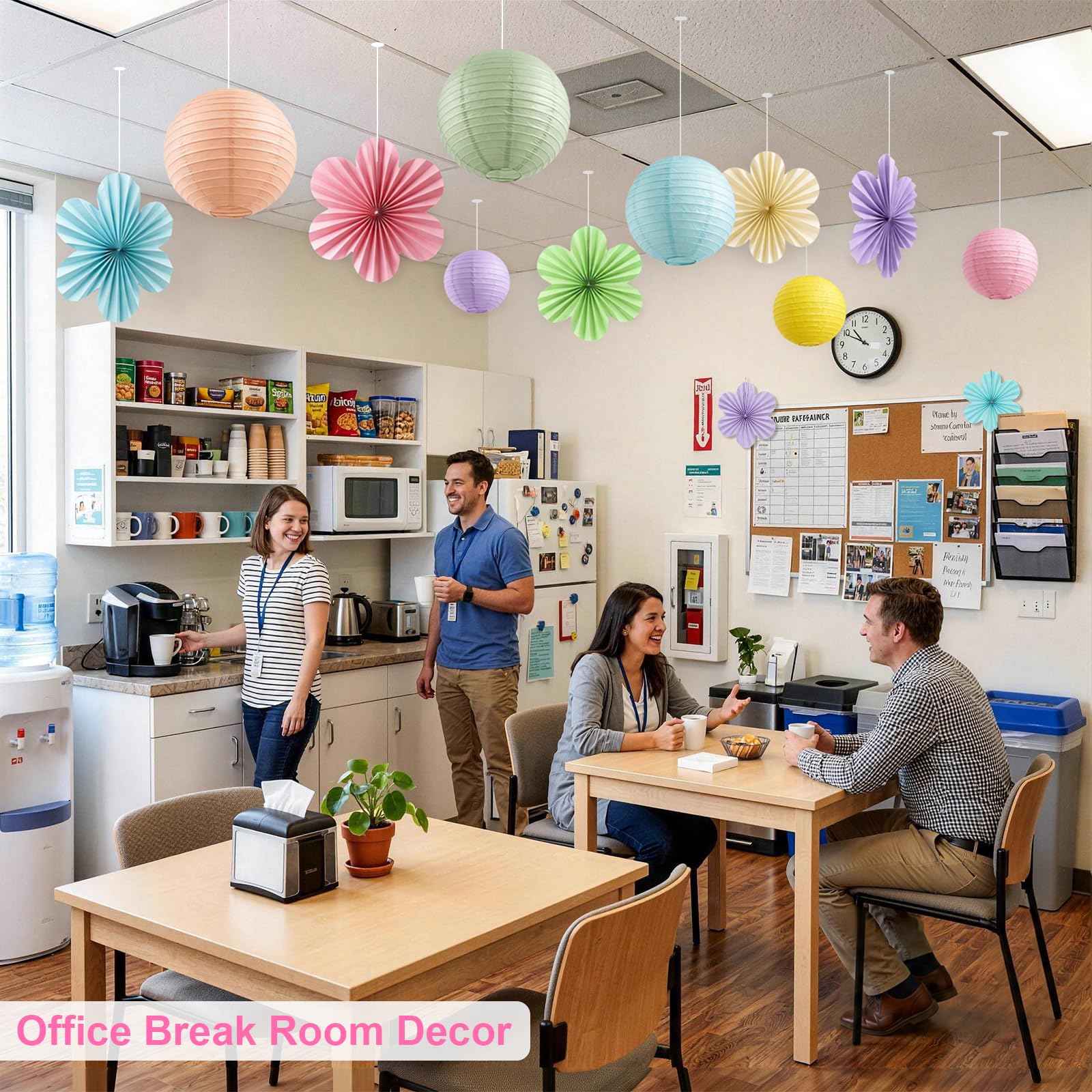 Peywot 18-Piece Pastel Hanging Paper Lanterns & Flower Fans Set – 10" & 8" Lanterns, 3 Sizes Fans, For Birthday, Baby Shower, Wedding, And Classroom Decor