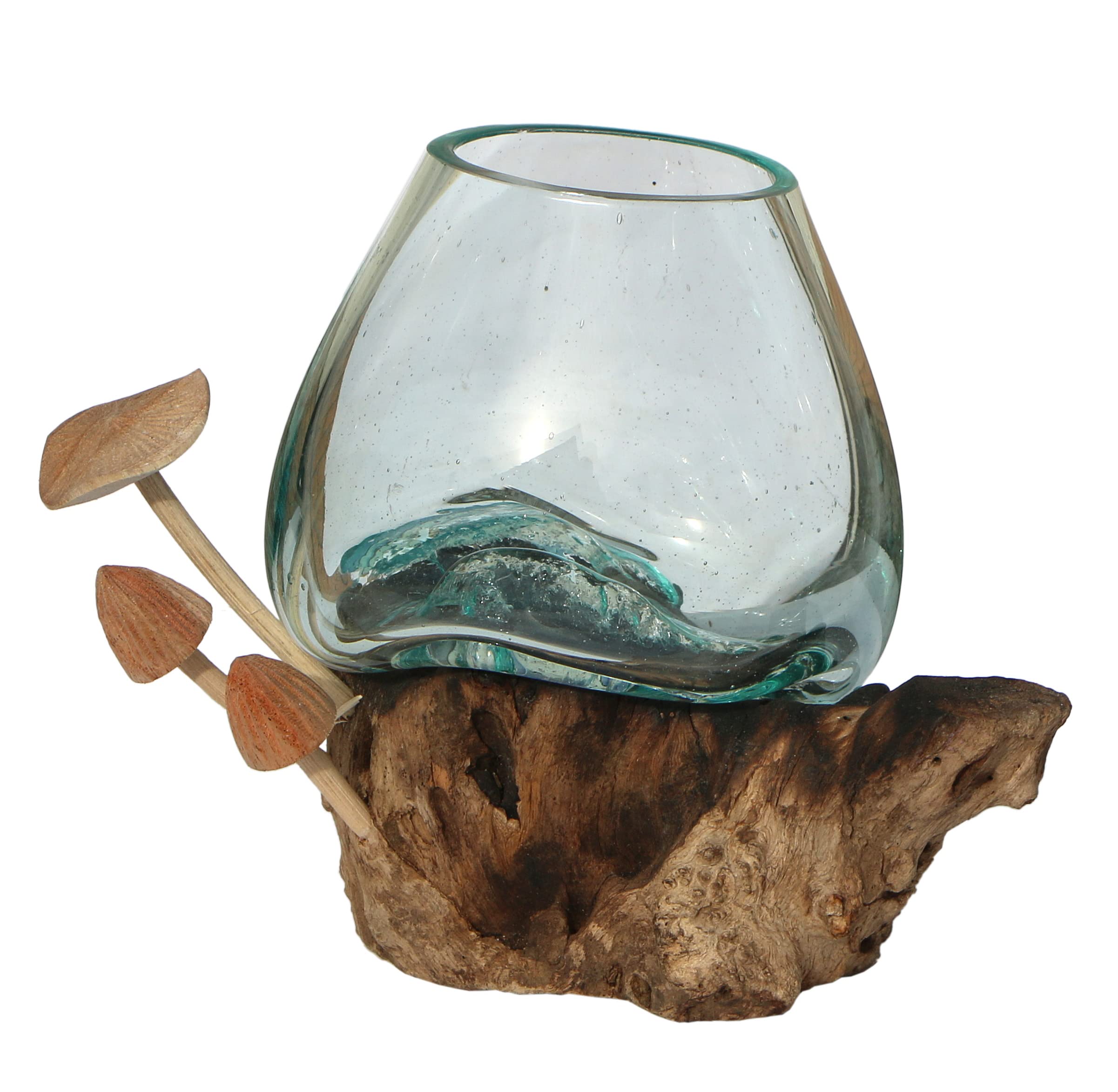 Vase design en verre avec champignons sur bois de racine – Vase à fleurs ou verre décoratif comme idée cadeau pour un anniversaire, Noël
