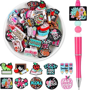 Silipull 40 Pcs Silicone Focal Beads for Pens Mom Silicone Beads Bulk for Keychain Making DIY Gift Necklace Bracelet Jewelry
