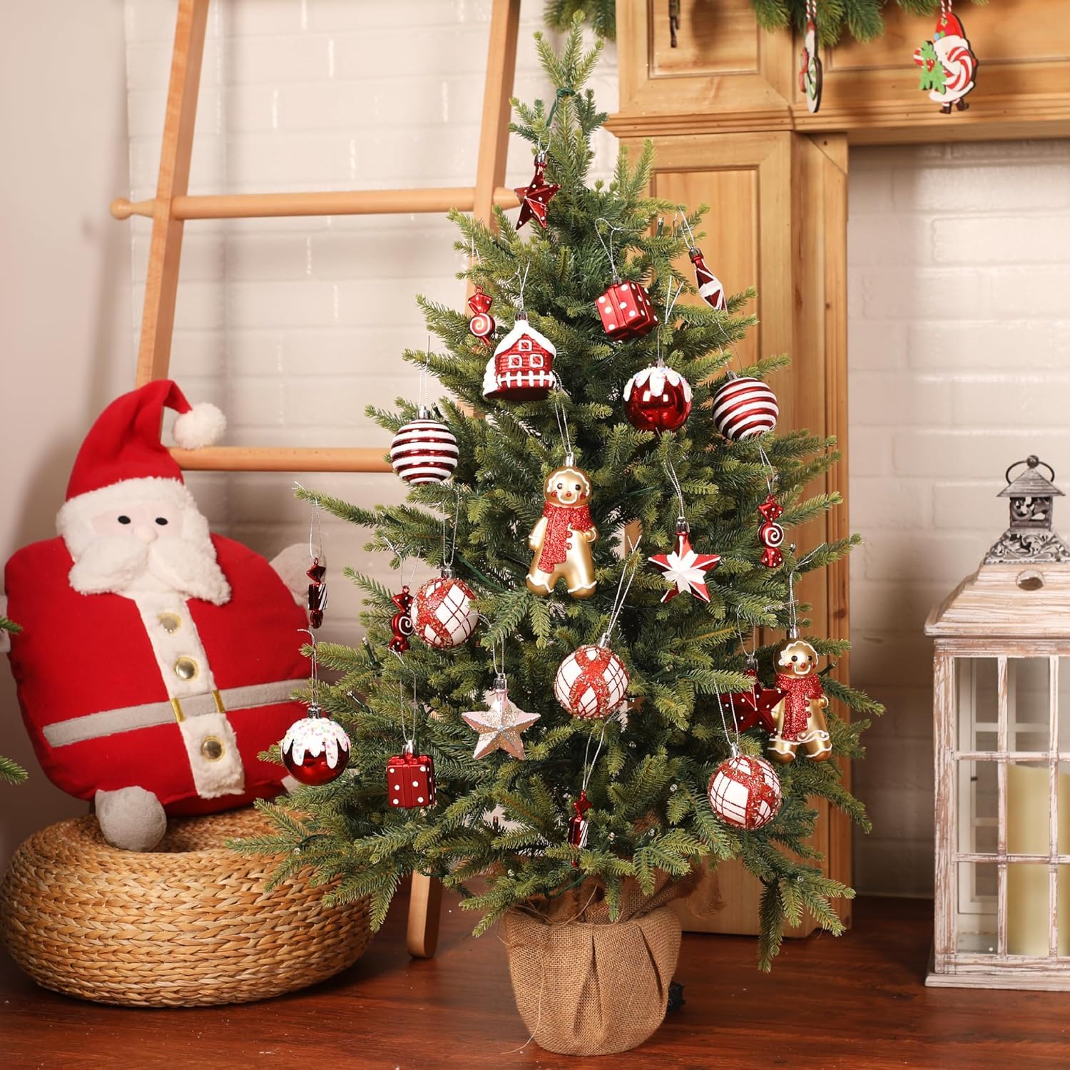 SHareconn Lot de 65 Boule de Noel, Boules de Noël en Plastique Incassable, Décorations Sapin de Noel, pour Decoration Noel Extérieur ou Intérieure, Décorer Sapin de Noël, Rouge et Blanc