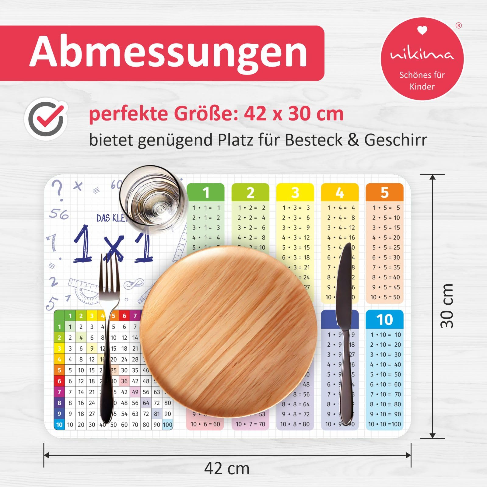 stabiles Vinyl Tischset mit Lerneffekt für Kinder Platzdeckchen Platzset abwaschbar reißfest farbecht (kleines 1x1)