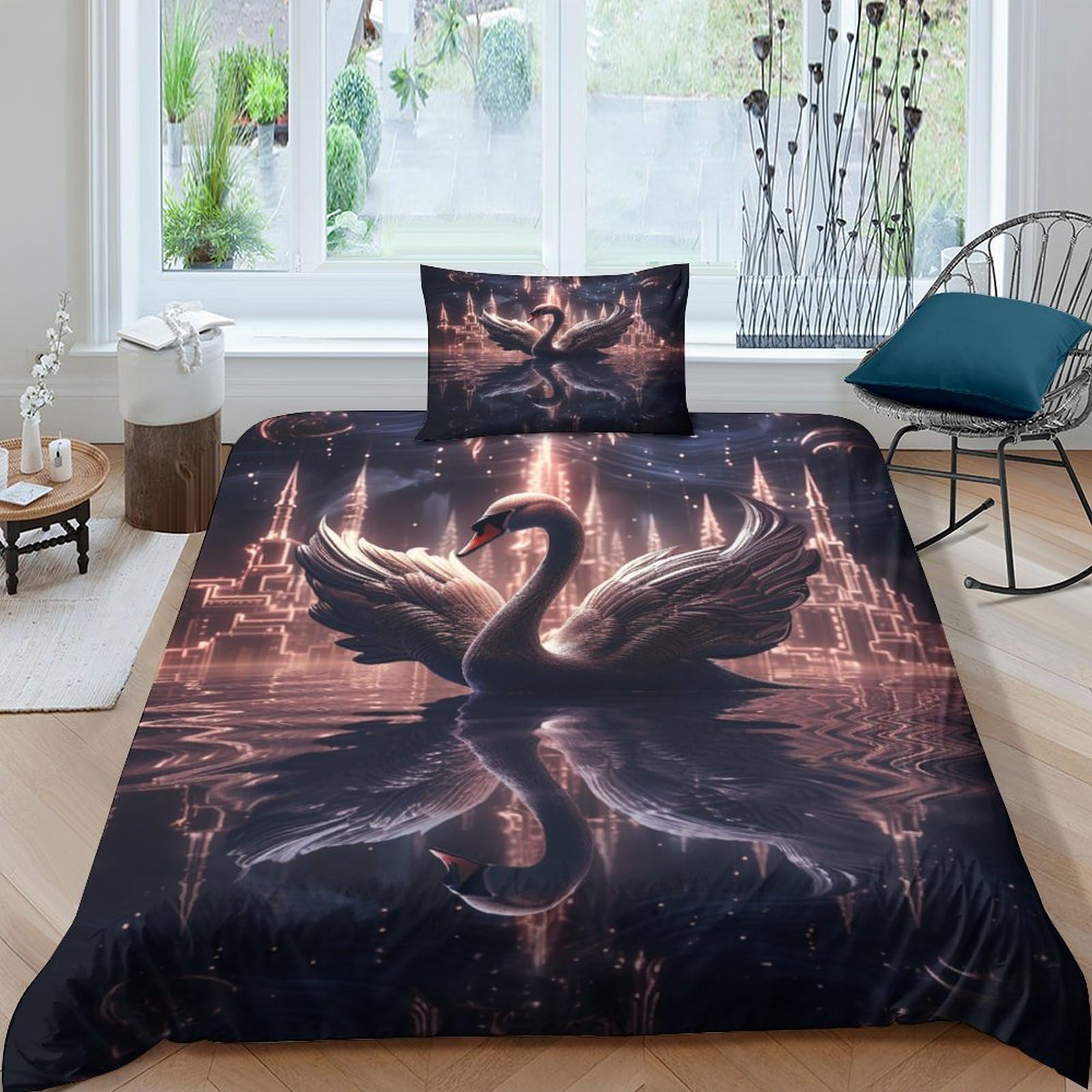 Housse de couette cygne 3D 135x200cm en microfbre avec 2 taies d'oreiller