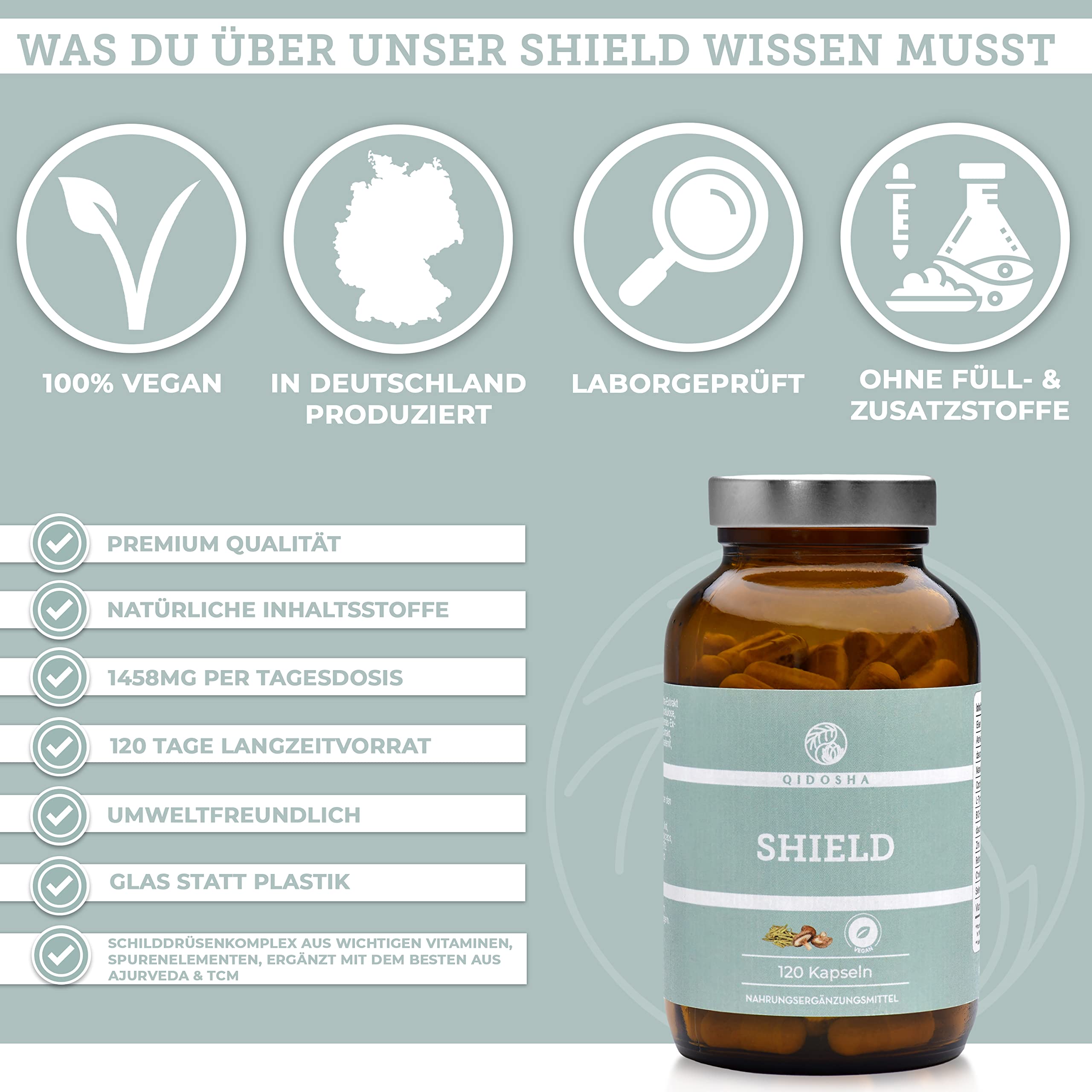QIDOSHA® SHIELD Jod Selen Komplex für die Schilddrüse², plus L-Tyrosin, Eisen, Zink, Ashwagandha, Cordyceps, Agaricus blazei & den Vitaminen A, D3, B12, natürlich und vegan, 120 Kapseln