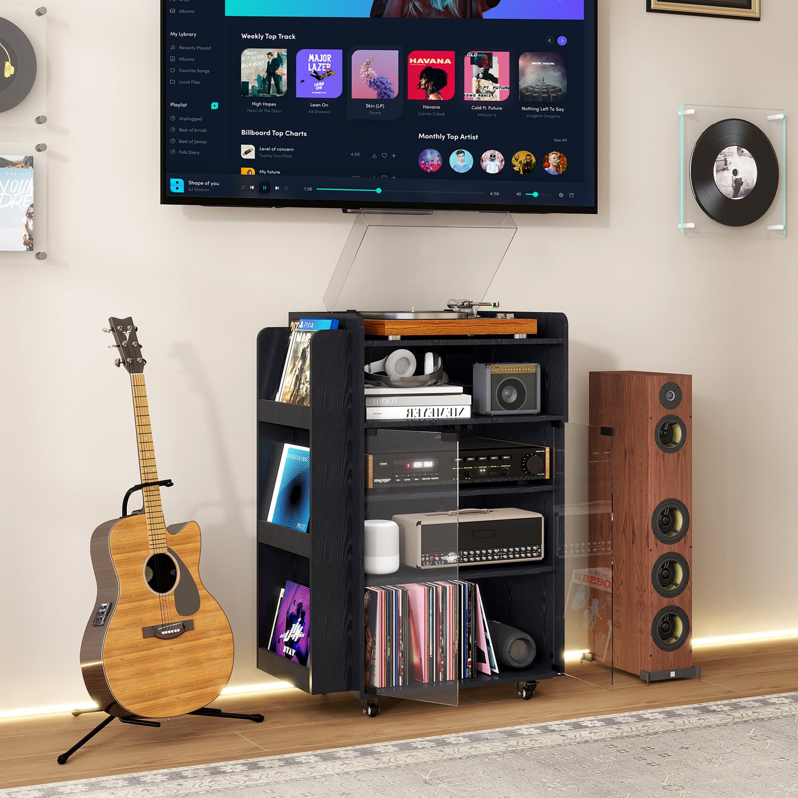 YU YUSING Vitrine en Verre pour Collection avec Éclairage RGB 20 Couleurs, 8 Étagères, Prise Intégrée et roulettes, Meuble CD Chaine HiFi, Meuble Platine Vinyle, Étagères Réglables, DVD, Salon