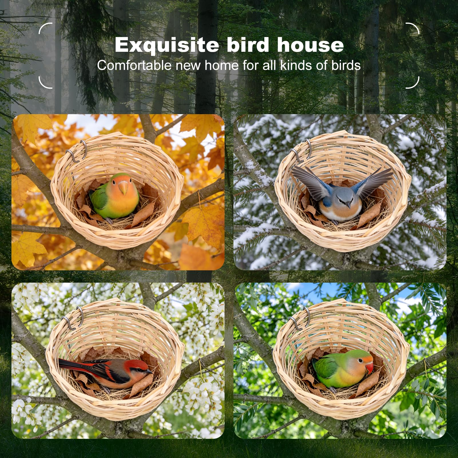 4 Pièces Nid D'oiseau Fait à la Main Maison D'oiseau Robuste Et Naturel en Bambou Nid D'oiseau Fournitures pour Oiseaux Cage à Oiseaux avec Crochet pour Petits Perroquets Canaris Calopsittes
