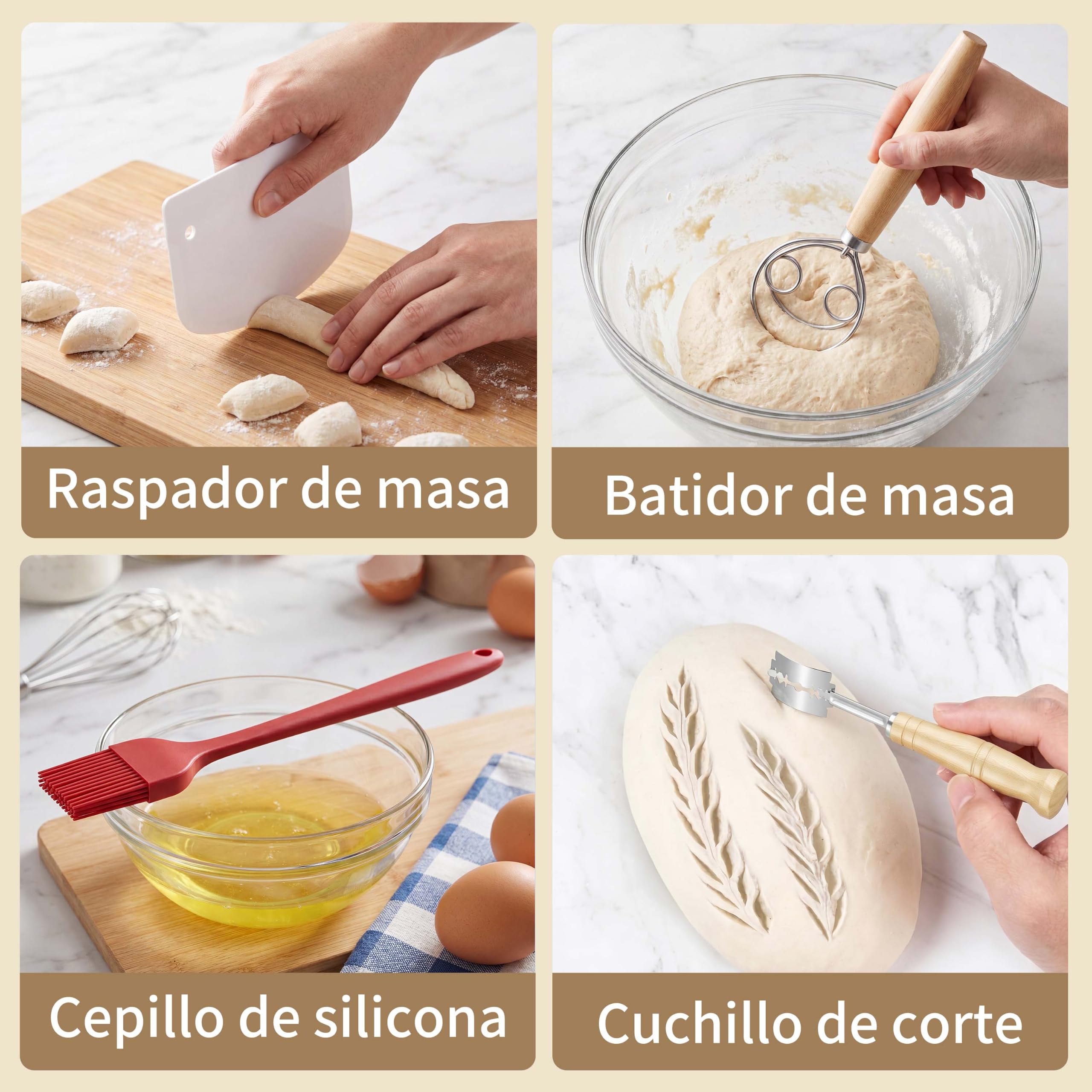 Kit Completo de Inicio de Masa Madre 11 Piezas, Cesta Oval de Ratán Artesanal, Tarro y Accesorios para Hacer Pan