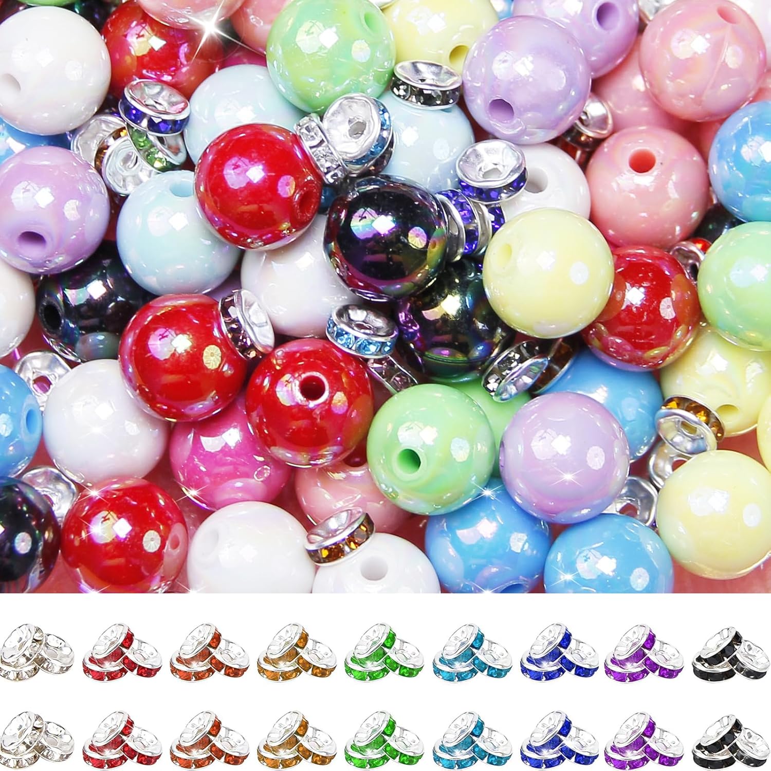 500 Pcs Beads for Pens Making, Rhinestone Rondelle Spacer Beads Rainbow Acrylic Focal Bead Crystal Round Sparkly Bead for Beadable Pens Keychain Bracelets Necklace DIY Craft Jewelry Making Supplies