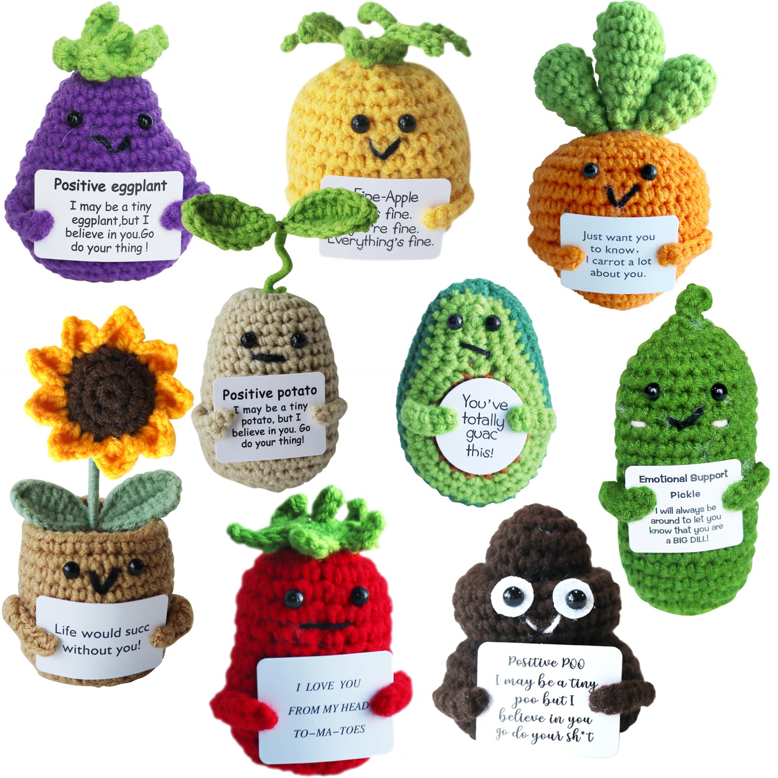 Zenfro 9-Pack Emotional Support Dolls,Handmade Crochet Vegetables Plants Dolls,Mini Crochet Gift Set,Positive Sunflower Doll, Décor for Desk Home Office