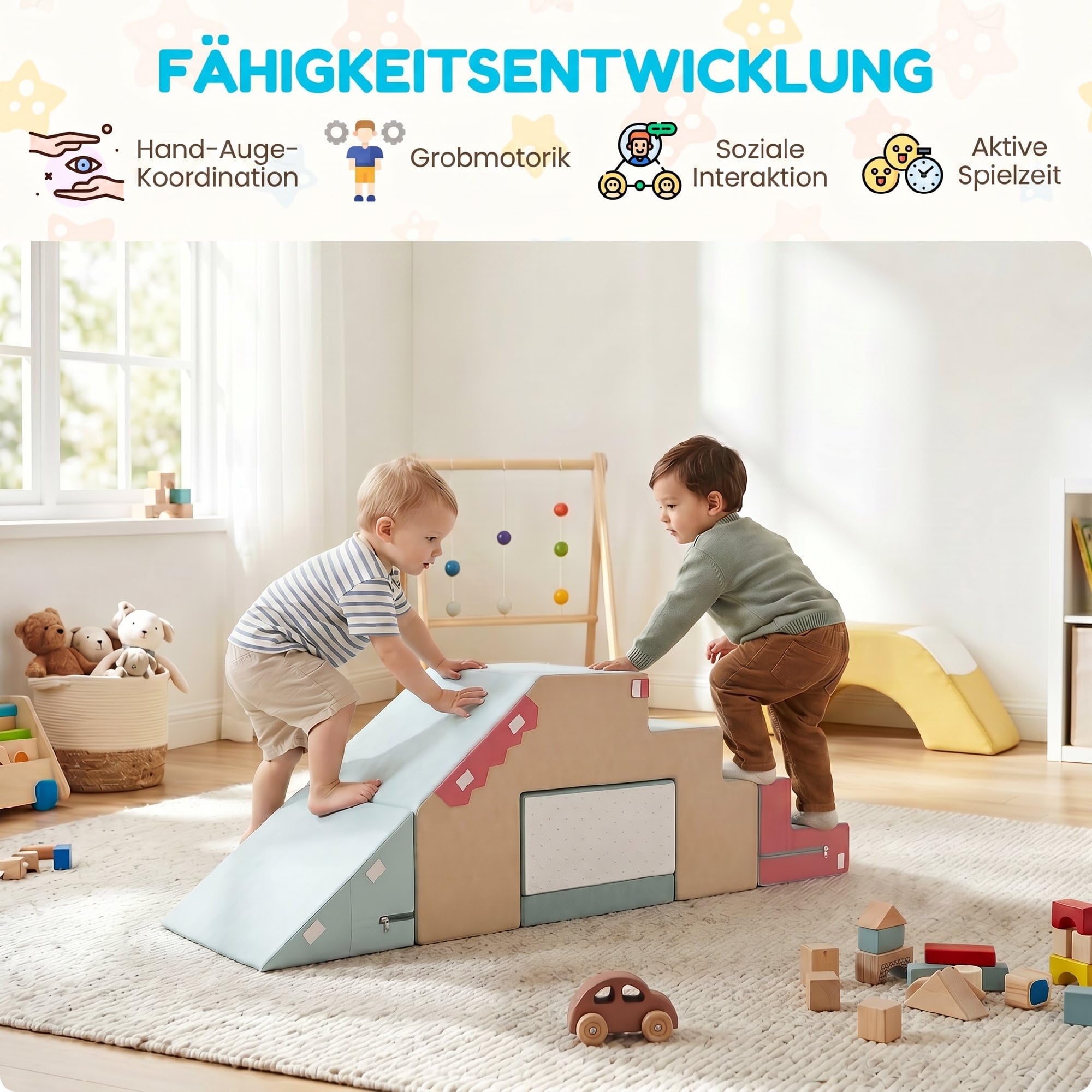 AIYAPLAY Montessori - Set di 2 mattoncini da costruzione in schiuma per bambini, antiscivolo, morbidi, XXL, blocchi da arrampicata, pieghevoli, set da tavolo e sedie con rivestimento rimovibile, per