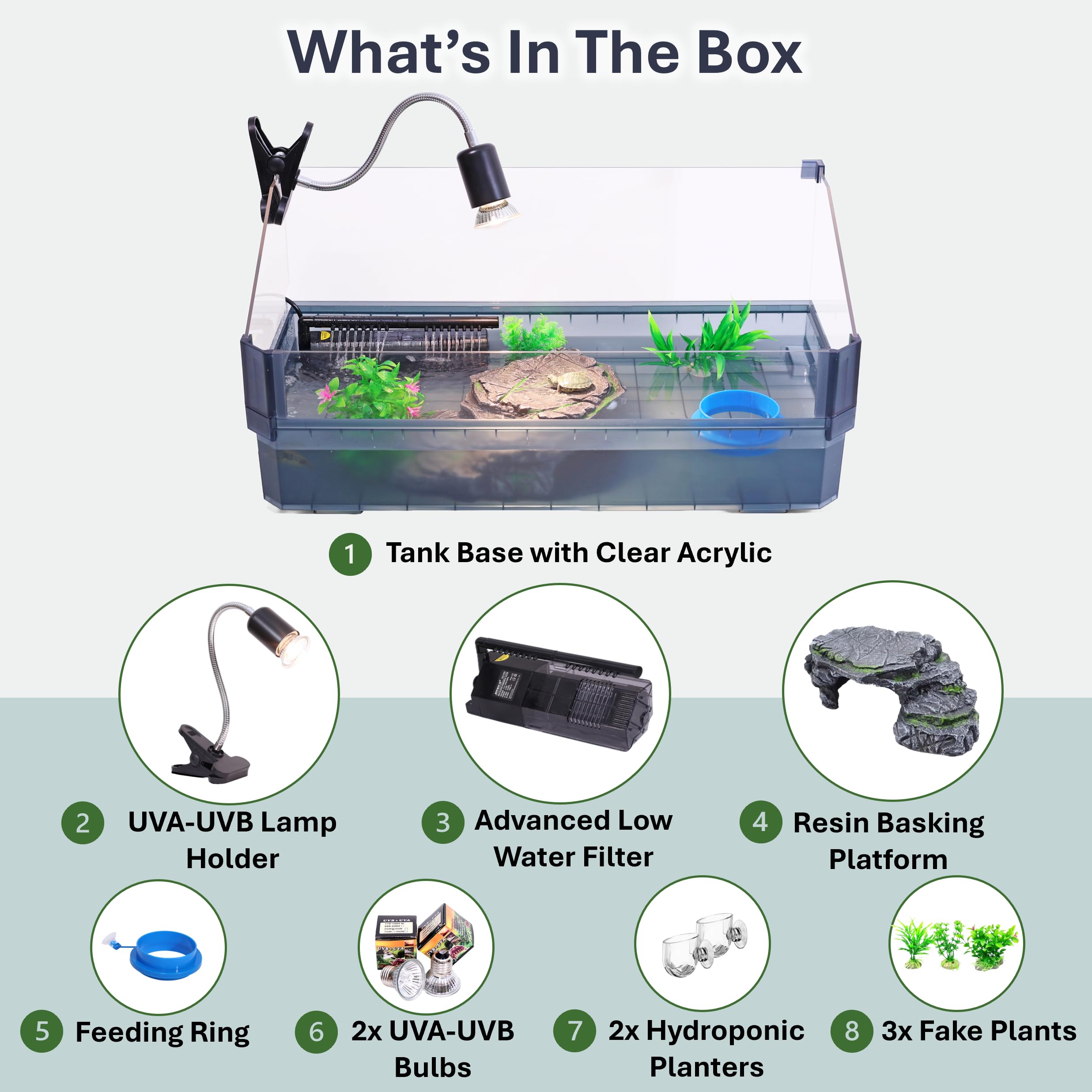 Kit de Tanque de Tortuga, Juego Completo de Acuario de Tortuga con Accesorios, Duradero, diseño Inspirado en la Naturaleza, Incluye Filtro, Plataforma para Tomar el Sol y más (Negro Grande)