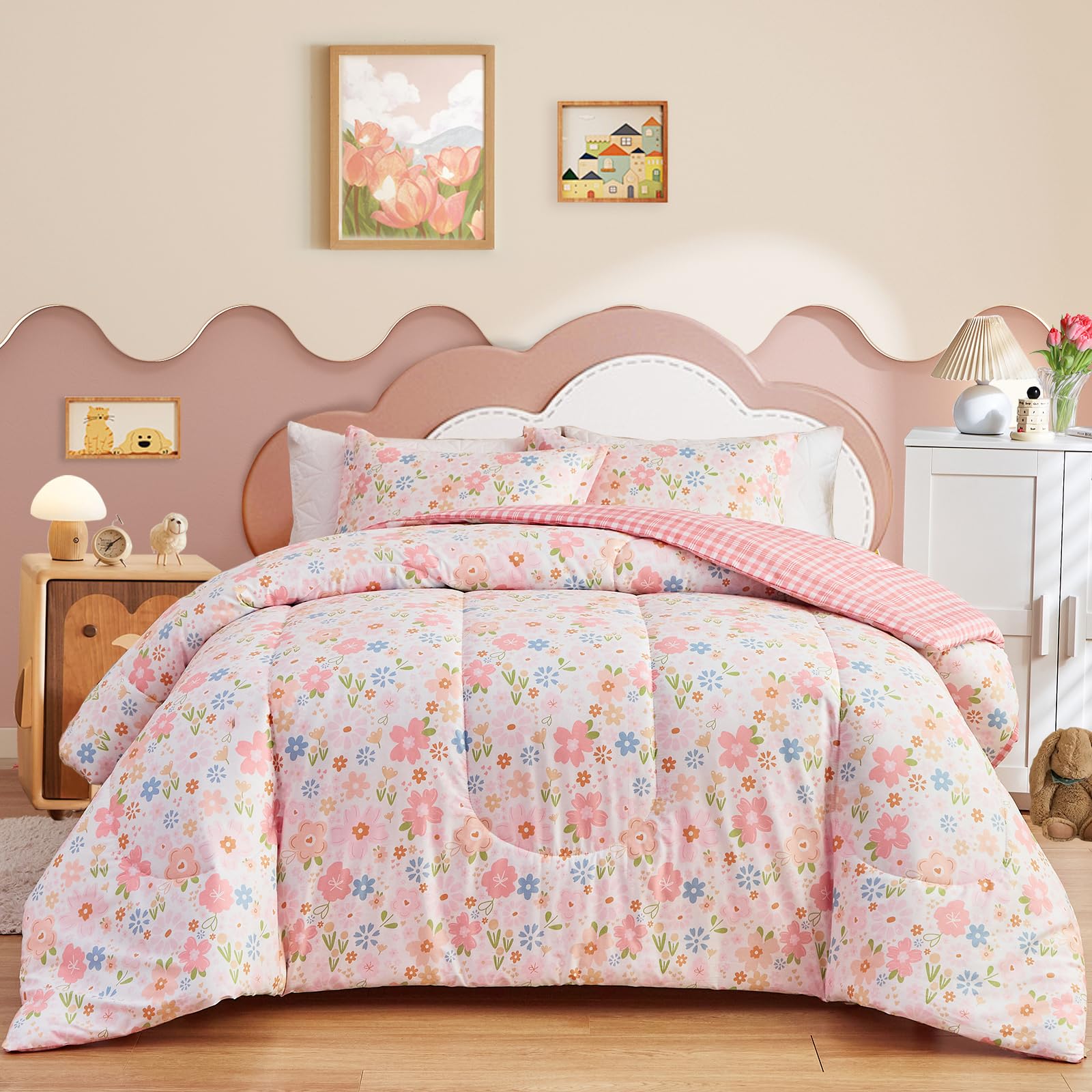 Joyreap3pcs Floral Cotton Comforter Set for Girls, Pink Flowers Design, Queen Size Soft n Cozy Bedding Comforter Set for All Season- 88x88 inches