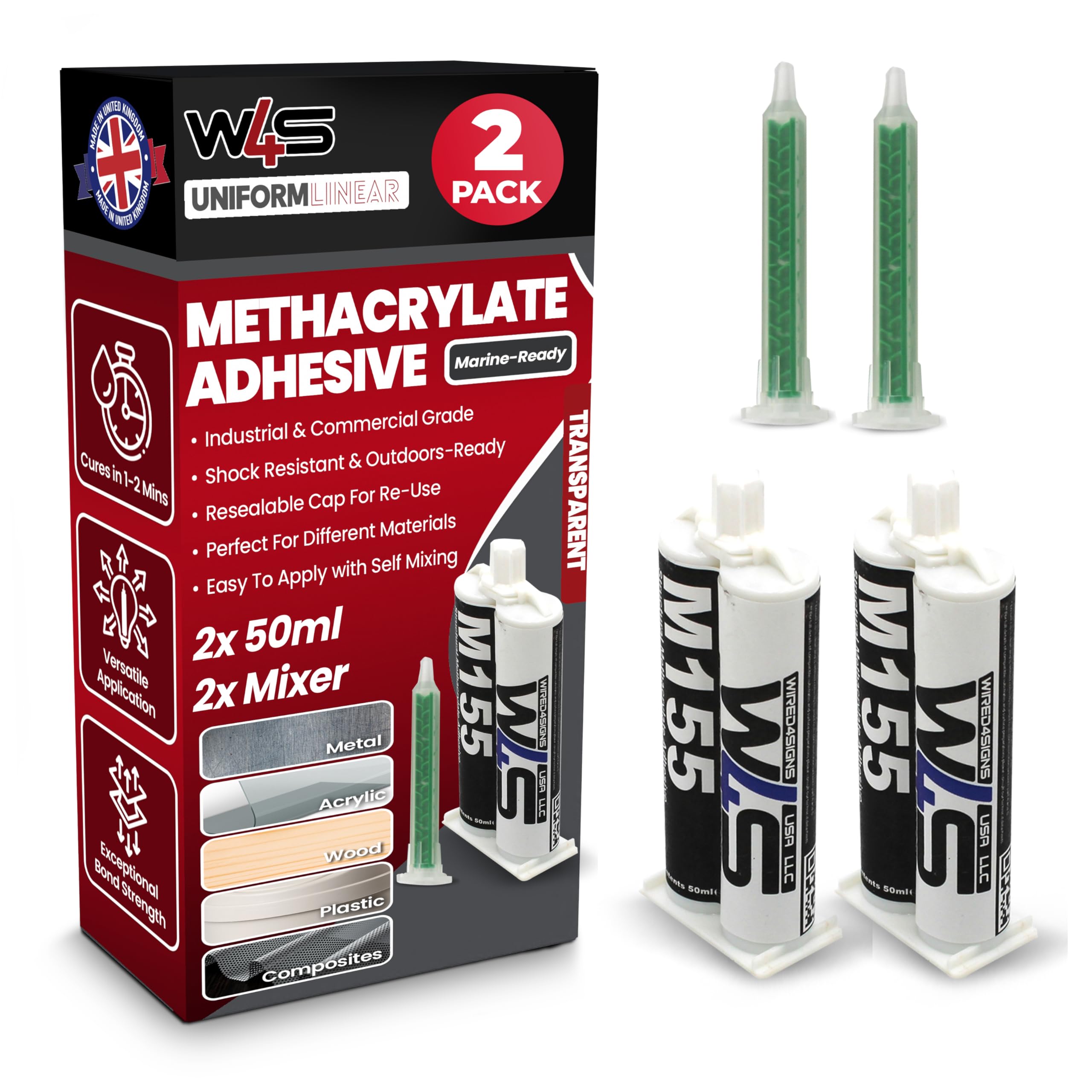 Wired4Signs | Clear 2-Part Methacrylate Adhesive with Mixer/Dispenser | MMA-M155-50ml (50ml/1.7fl oz 1:1 Mix) | Strong Weld for Multiple Applications - 2 Pack