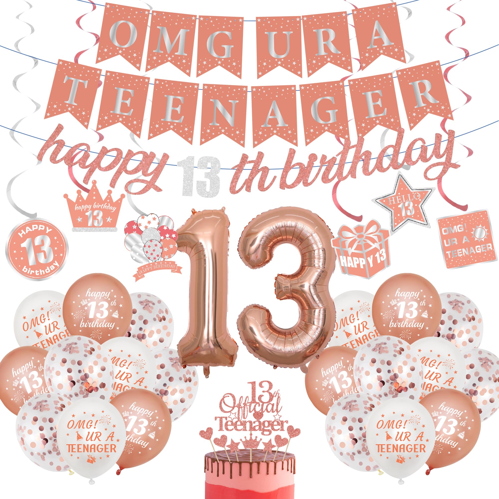 13th Birthday Decorations Girls Set - 32 Pcs Rose Gold Official Teenager Decor Including OMG URA TEENAGER Banner, Number 13 Balloon, Hanging Swirls and Latex Balloons for 13 Years Old Party Supplies