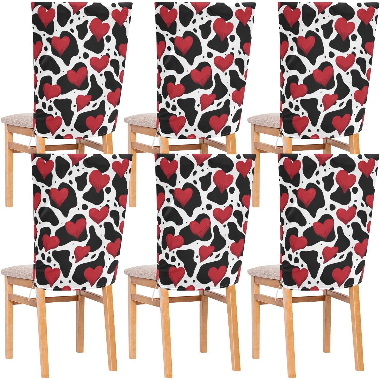 ALAZA Cow Spots Hearts Chair Back Cover Set of 6, Washable Reusable Removable Chair Slipcovers Decorative Chair Cover for Home Kitchen Wedding Party