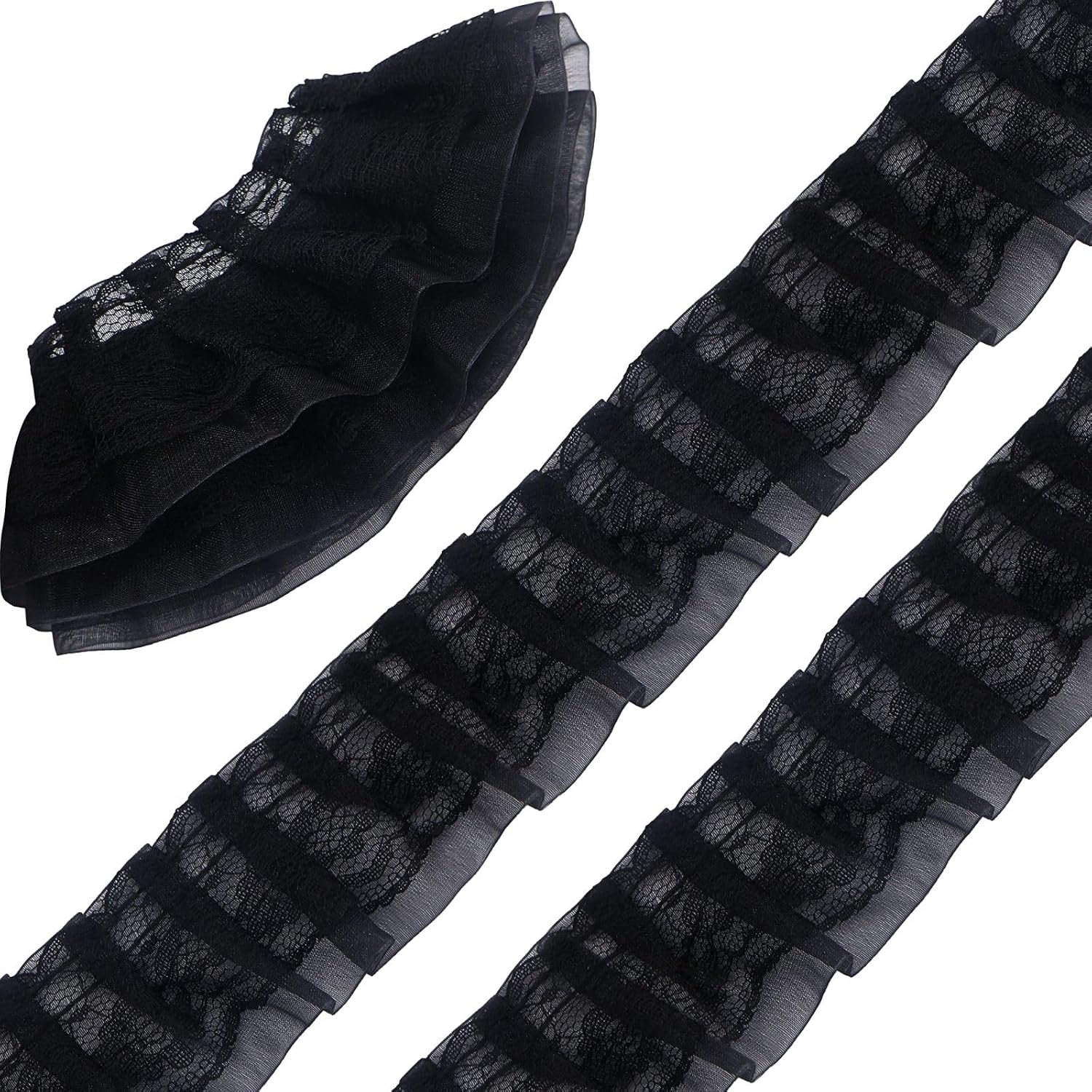 Bijou Joon 21 Yards Black Ruffle Lace Trim Double Lace Ribbon Pleated