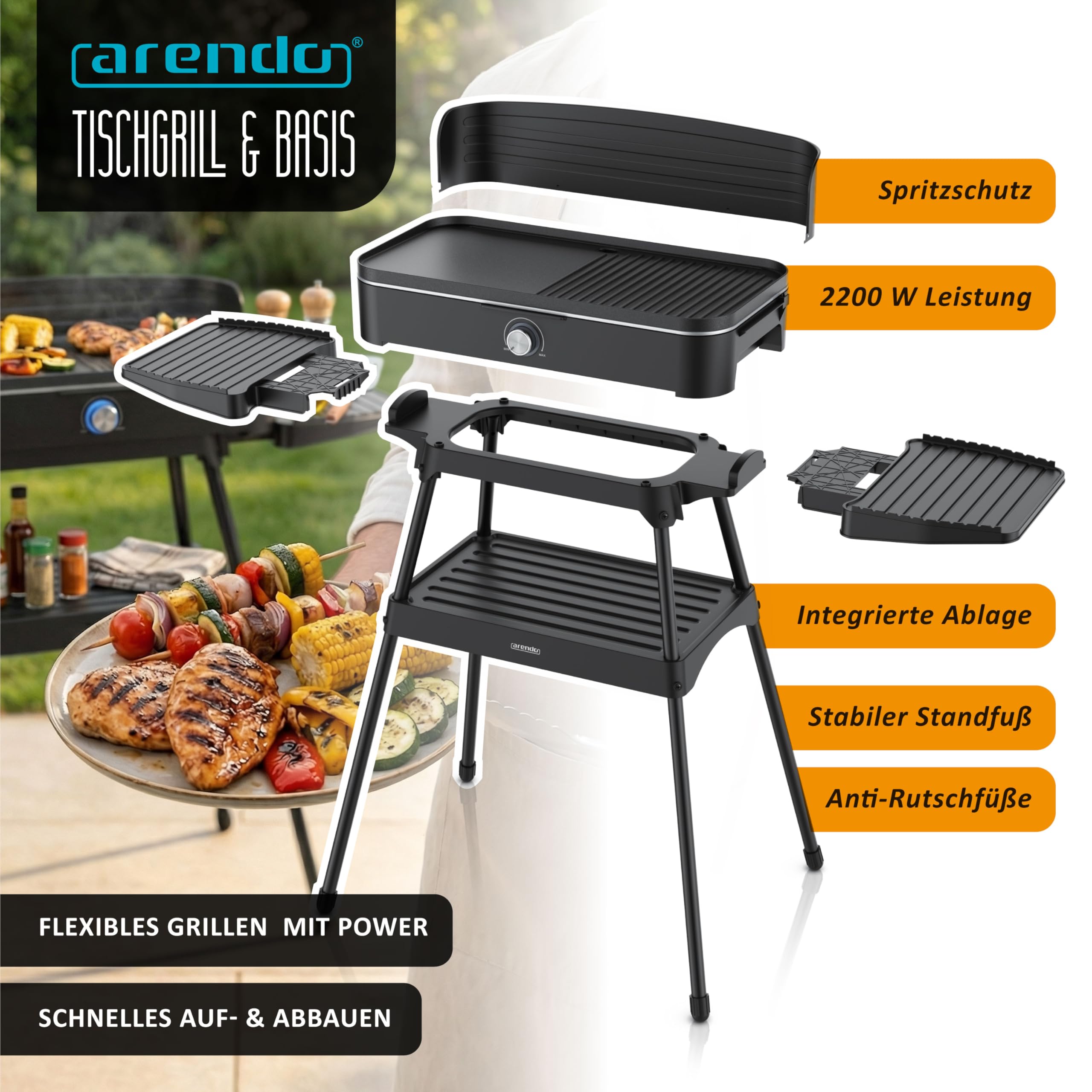 Arendo - Tischgrill Elektrogrill Edelstahl – 2200W Leistung – Gleichmäßige Temperaturverteilung – Geteilte Garflächen – Antihaft-Beschichtung – Standfuß mit Ablage – Spritzschutz – Für Balkon Terrasse