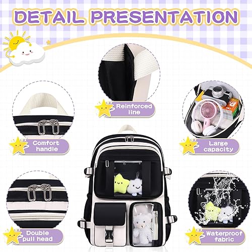 Vista 5 de HORHREAR - Mochila kawaii de 5 piezas para la escuela, bonita mochila transparente preparada con colgante estético para niñas y niños, bolsa primaria