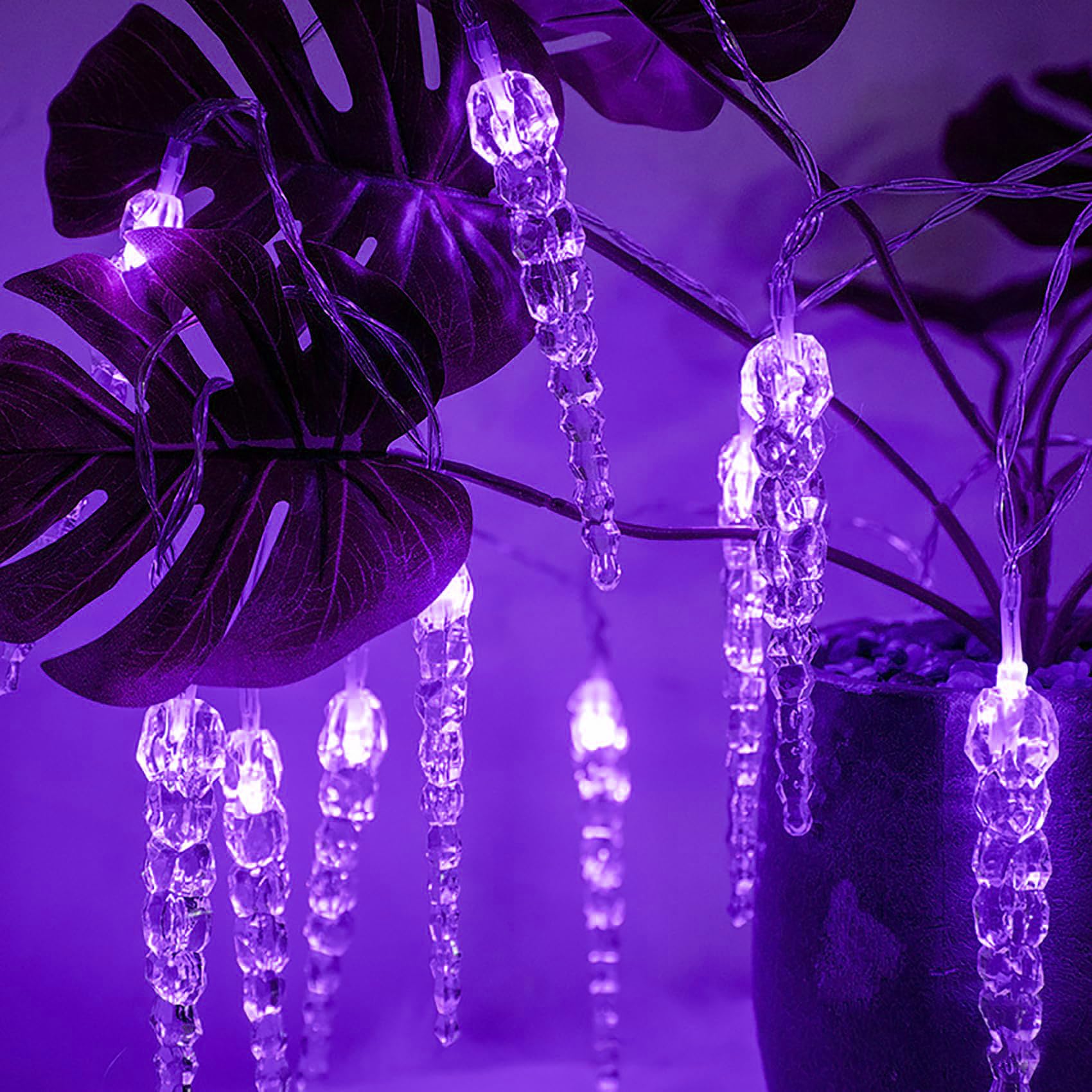 Guirlande lumineuse stalactite d'extérieur, alimentation USB, télécommande, connexion USB, 10 m/80 LED, rideau lumineux féérique en acrylique cristal (violet)