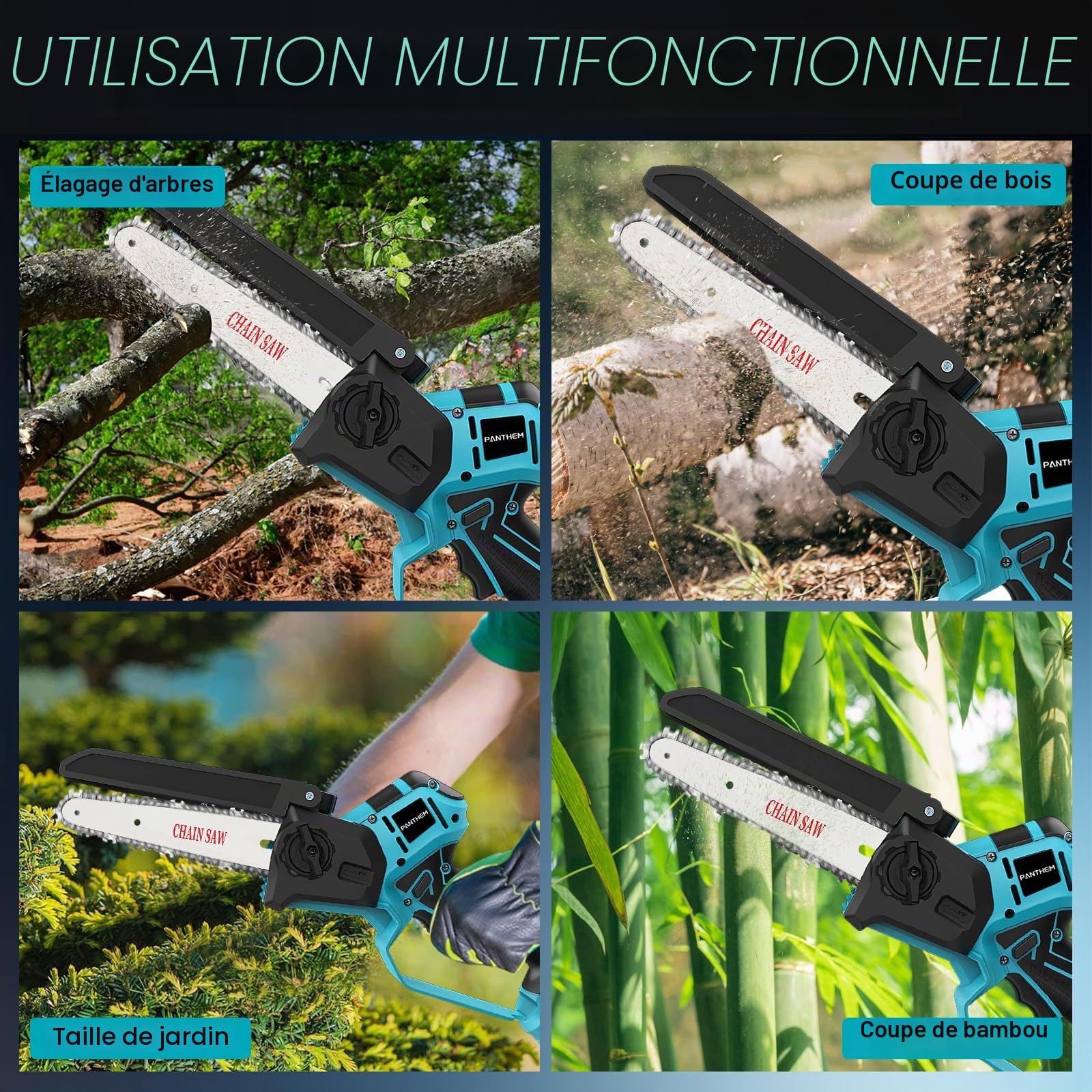 Mini Tronçonneuse à Batterie 8000mAh, 2-In-1 Scie électrique Télescopique 6 Pouces pour élagage avec Batterie et Chargeur, Perches Élagueuses Tête du Moteur Orientable, Tige d'extension Jusqu'à 2,6 m