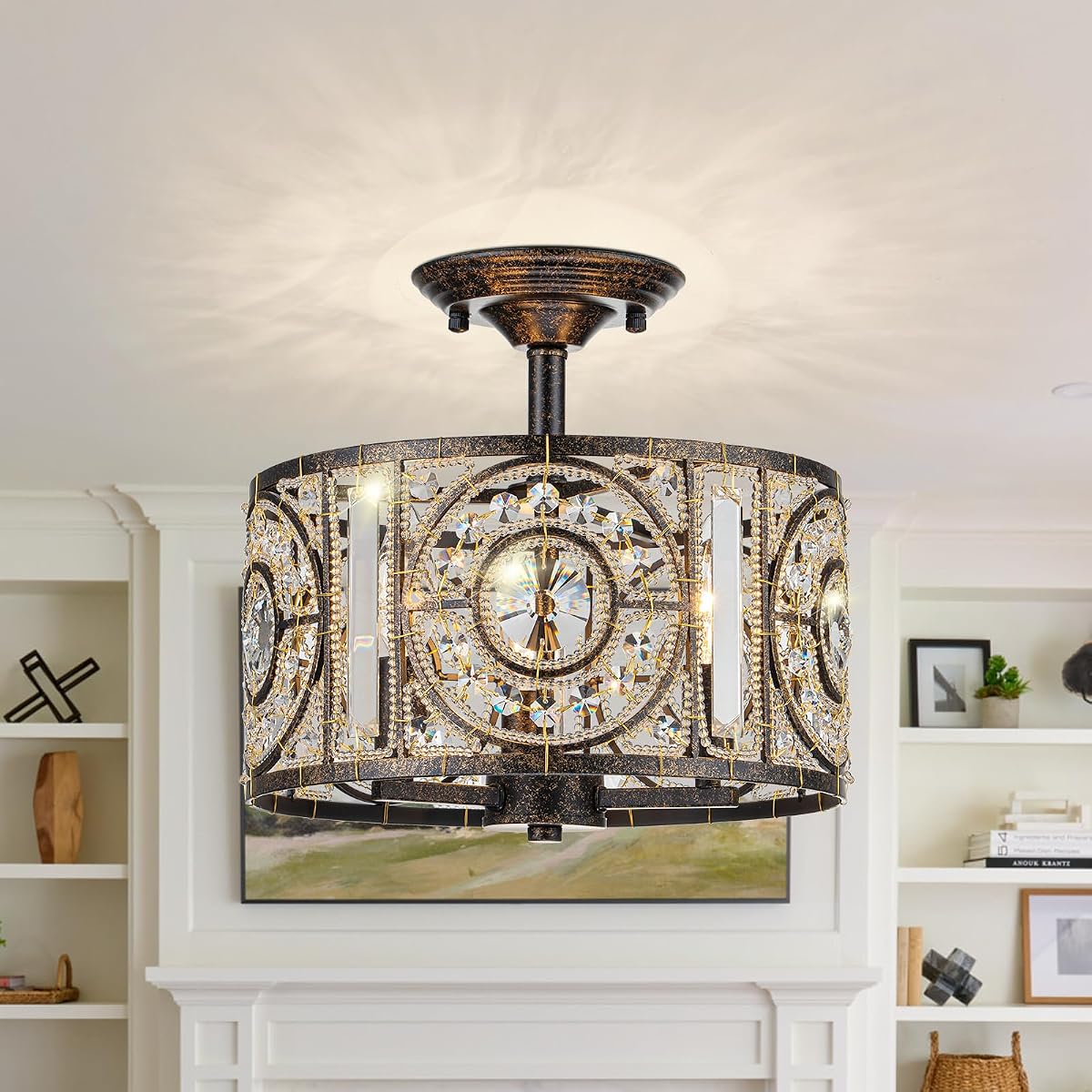 Vintage Crystal Drum Chandelier, 3-Lights Bronze Finish Retro Chandelier Lighting Fixtures, Semi Flush Mount Ceiling Light for Dining Room Living Room Bedroom Entryway Etc.