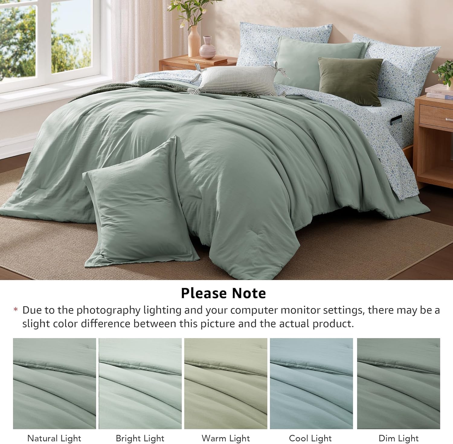 Monbix King Size Comforter Set - 7 Pieces Sage Green Prewashed Bed in a Bag King Bedding Sets with Comforters, All Seasons Ultra Soft Comforter Bed Set with Sheets,Pillowcases & Shams - Image 8