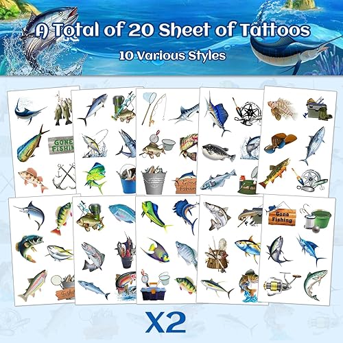 Miniatura 2 de 20 hojas (120 piezas) de tatuajes temporales de peces desaparecidos de pesca, recuerdo de fiesta para fiesta de cumpleaños, decoración de fiesta de
