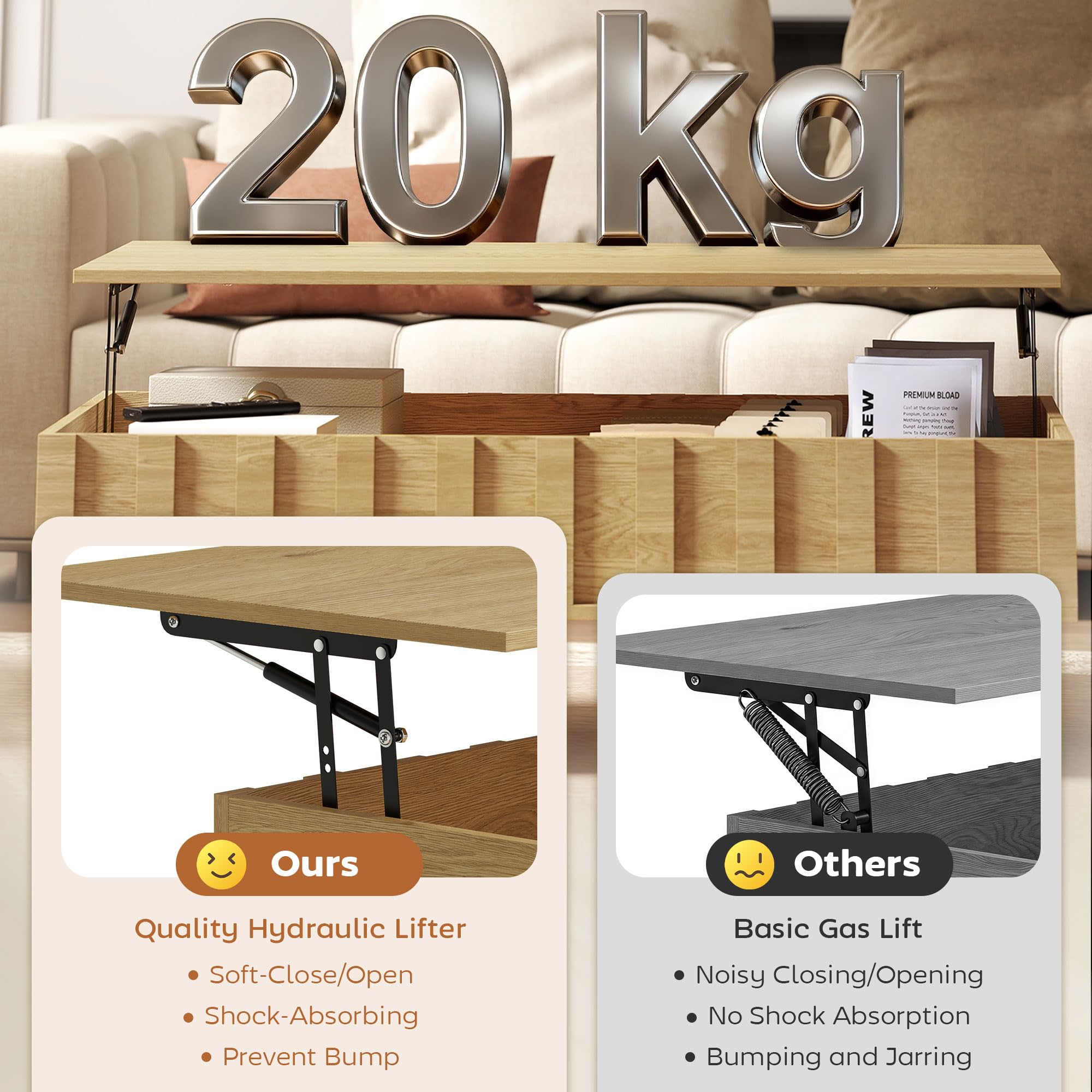 HOMCOM Mesa de Centro Elevable con 2 Compartimentos 110x55x36,5 cm Roble | Mesa de Café para Salón, 2 Compartimentos Ocultos, Patas de Metal, Sala de Estar, Comedor