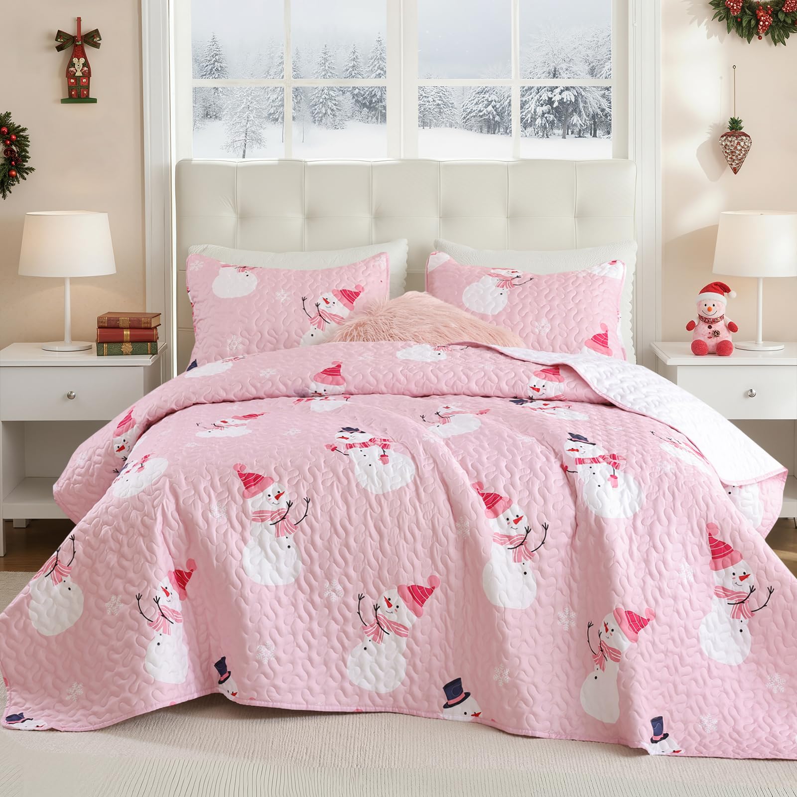 FROZZUR Weihnachts-Bettwäsche-Set, Queen-Size-Größe, rosa Schneemann, leicht, weich, atmungsaktiv, Steppdecke, Winter-Tagesdecke, Schmusetuch für alle Jahreszeiten, Urlaub, Schlafzimmer, Dekoration
