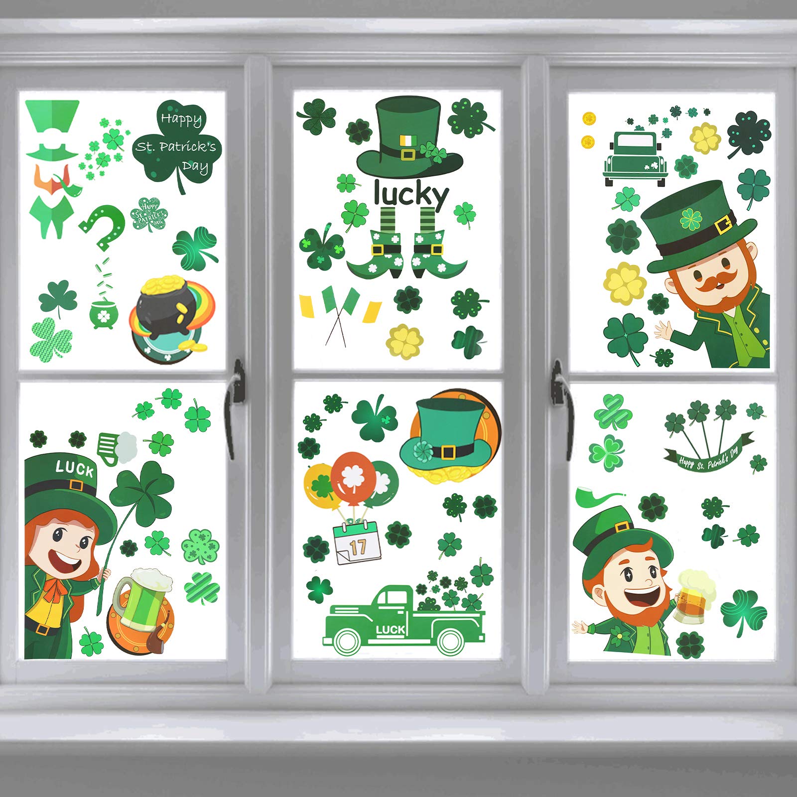 Garma 10 Sheet St Patrick's Day Window Decorations 141 PCS Window Decal Clings Shamrock Stickers for Home, St. Patrick's Day Irish Shamrock Clover Leprechaun Coin Decals Holiday Party Ornaments Accessories for Glasses Window